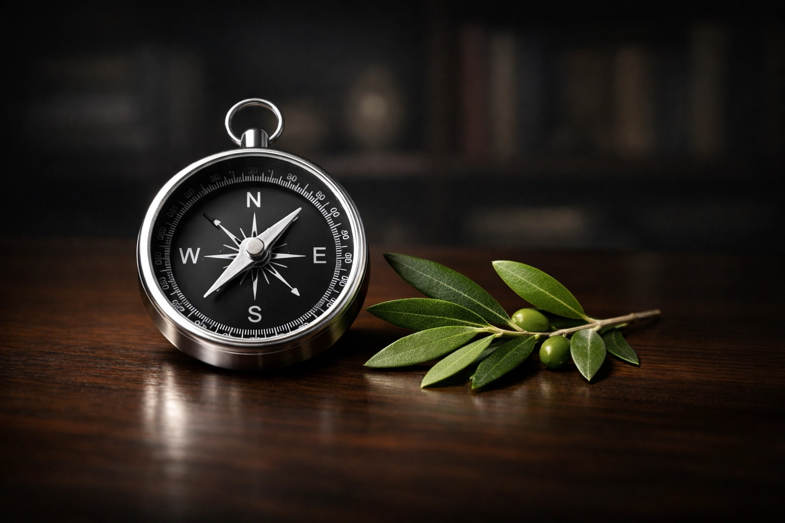 A silver compass and olive branch representing spiritual direction and peace for Mexico.