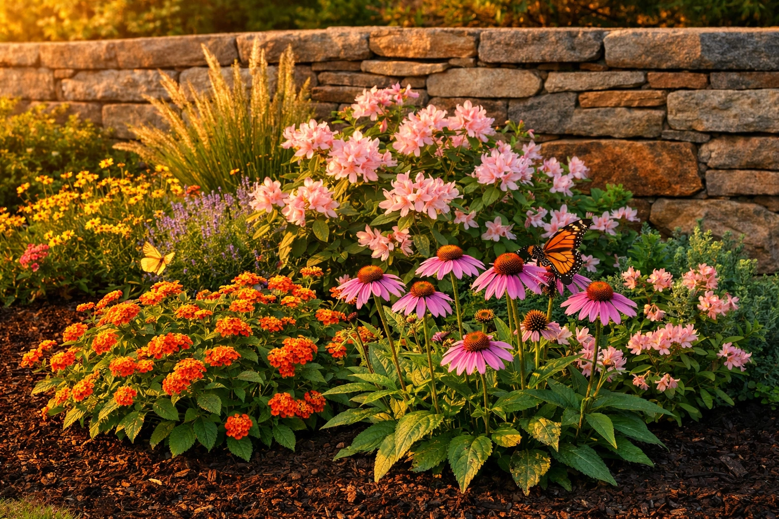 Native Tennessee flowers blooming in a garden bed supported by a stacked stone retaining wall.