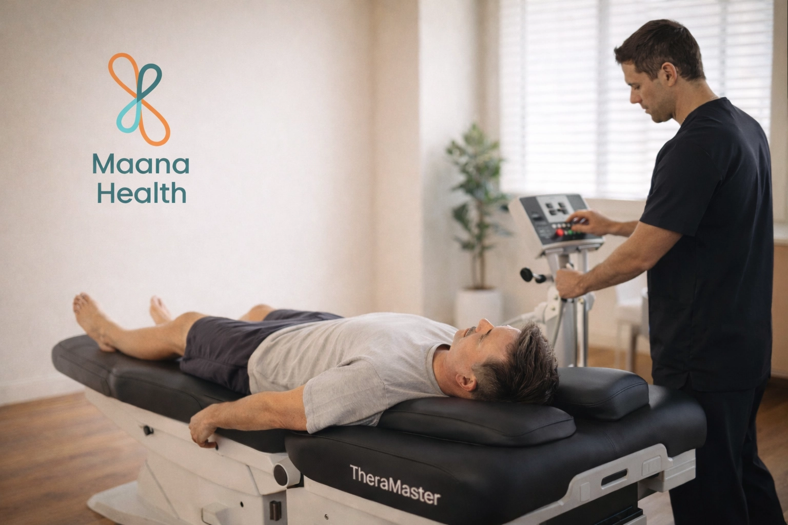 A Maana Health specialist operates the Thera Master device for non-surgical spinal decompression therapy
