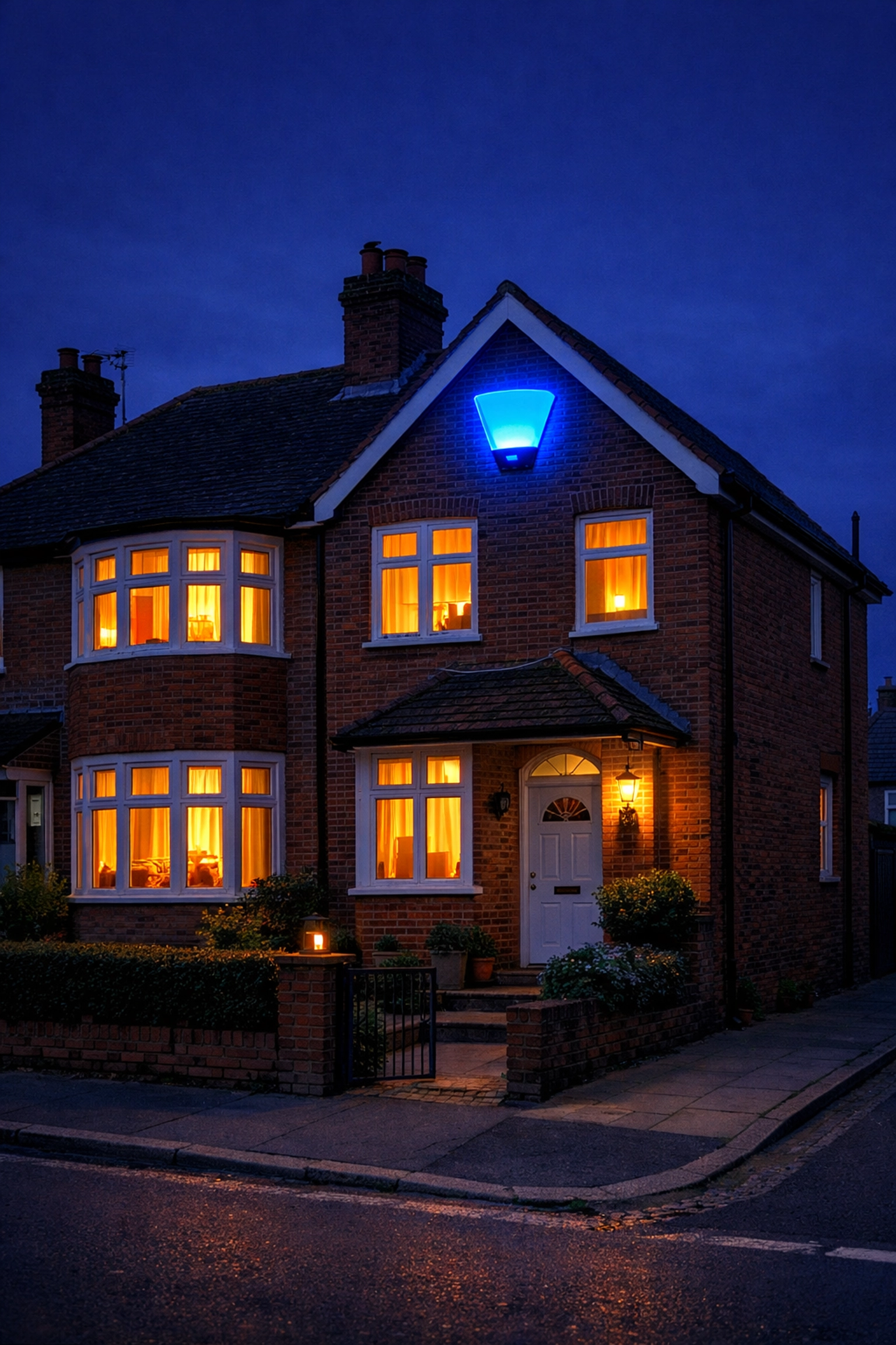 Professional external alarm siren mounted on a secure British semi-detached house at twilight.