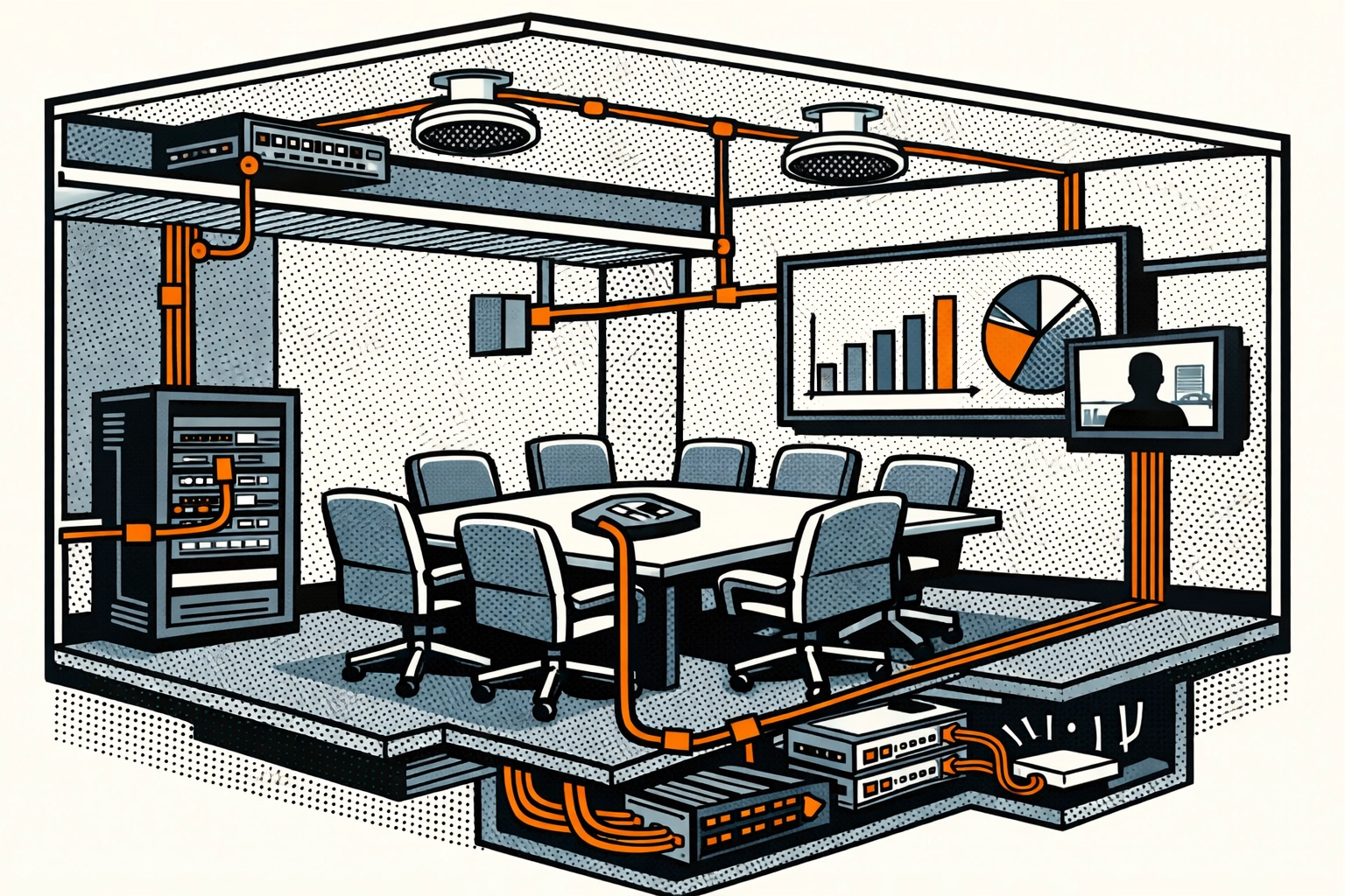 Conference room AV system design diagram showing equipment placement and connectivity