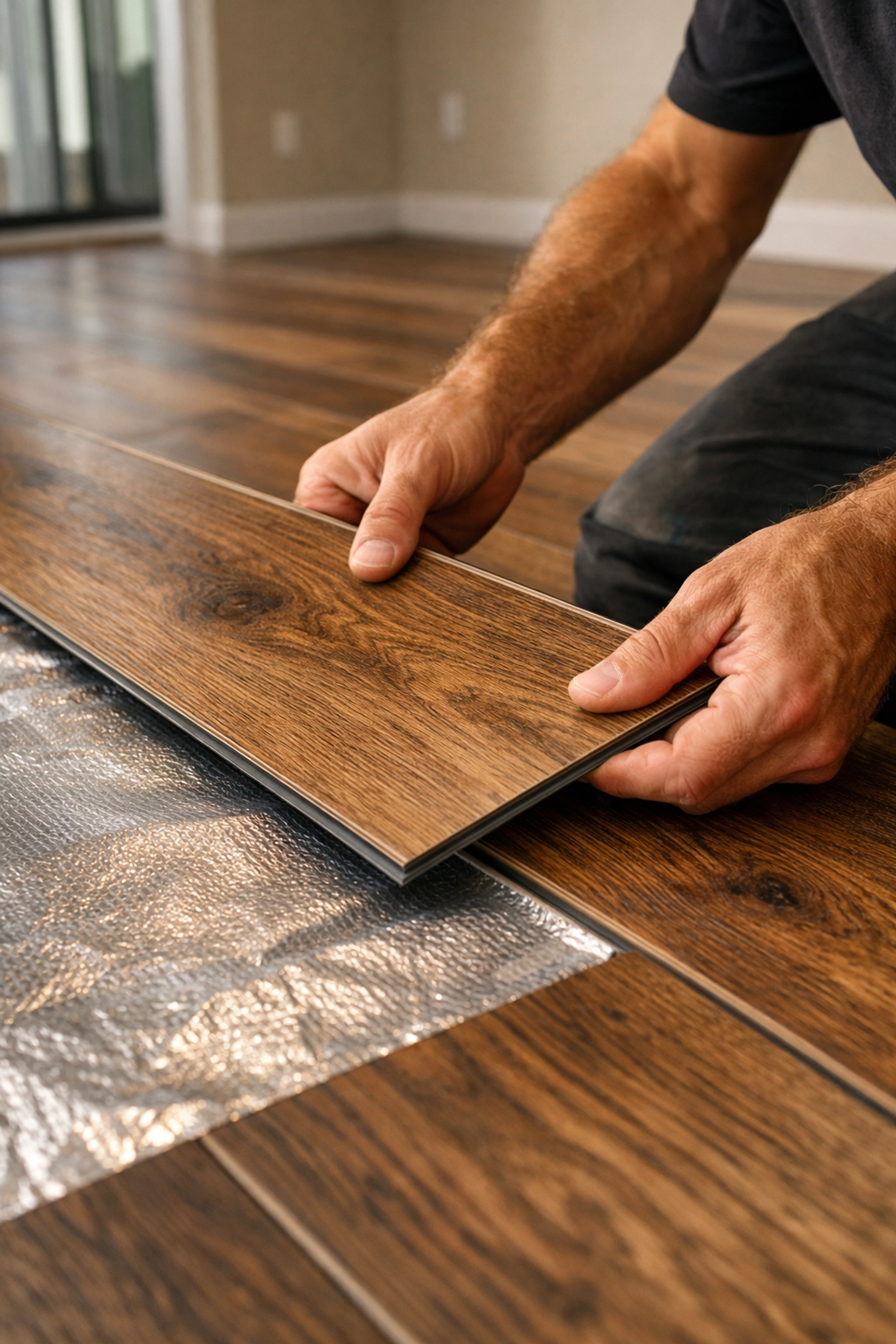 Professional luxury vinyl plank flooring installation in Orlando home with moisture barrier