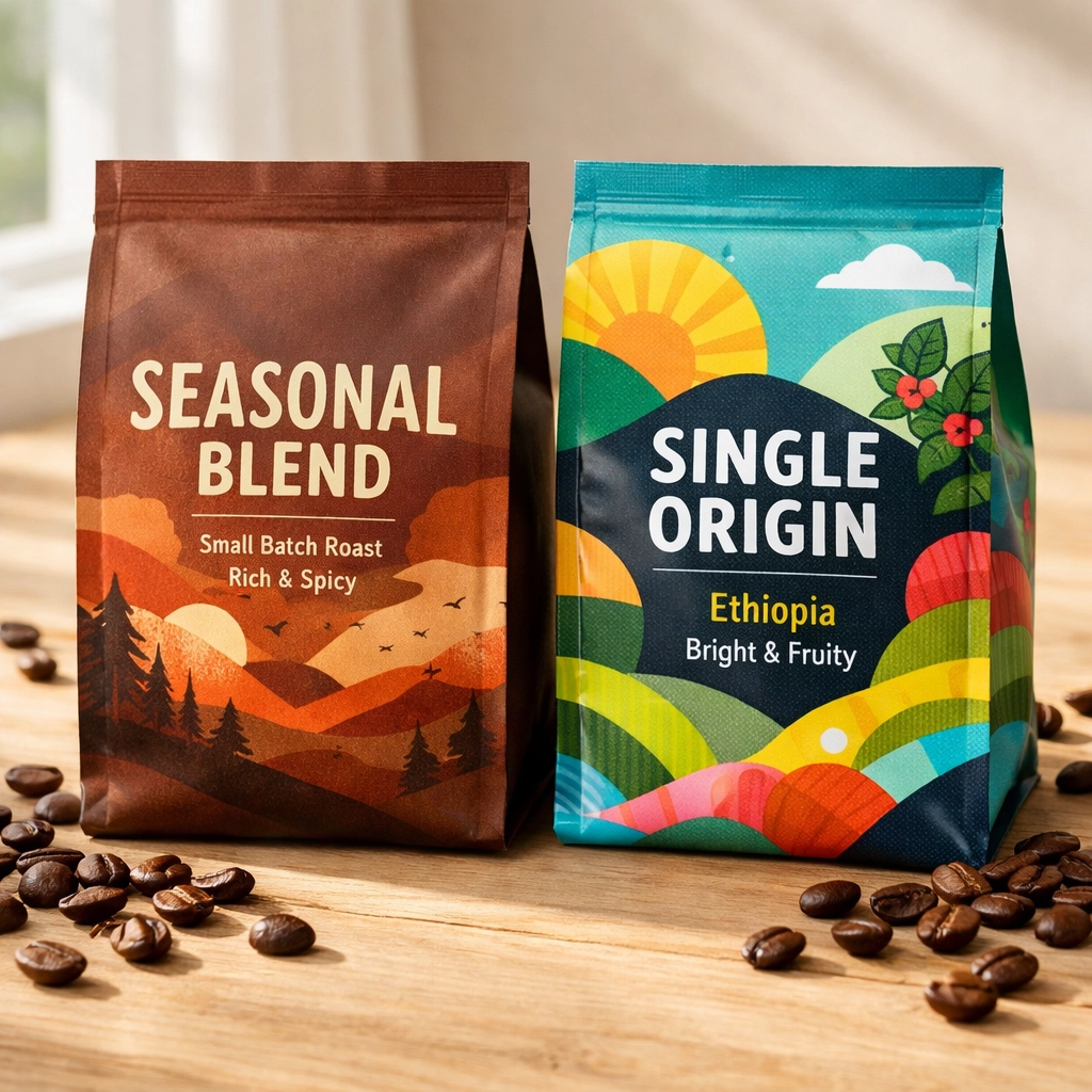 Seasonal coffee blend and single origin bags with scattered coffee beans