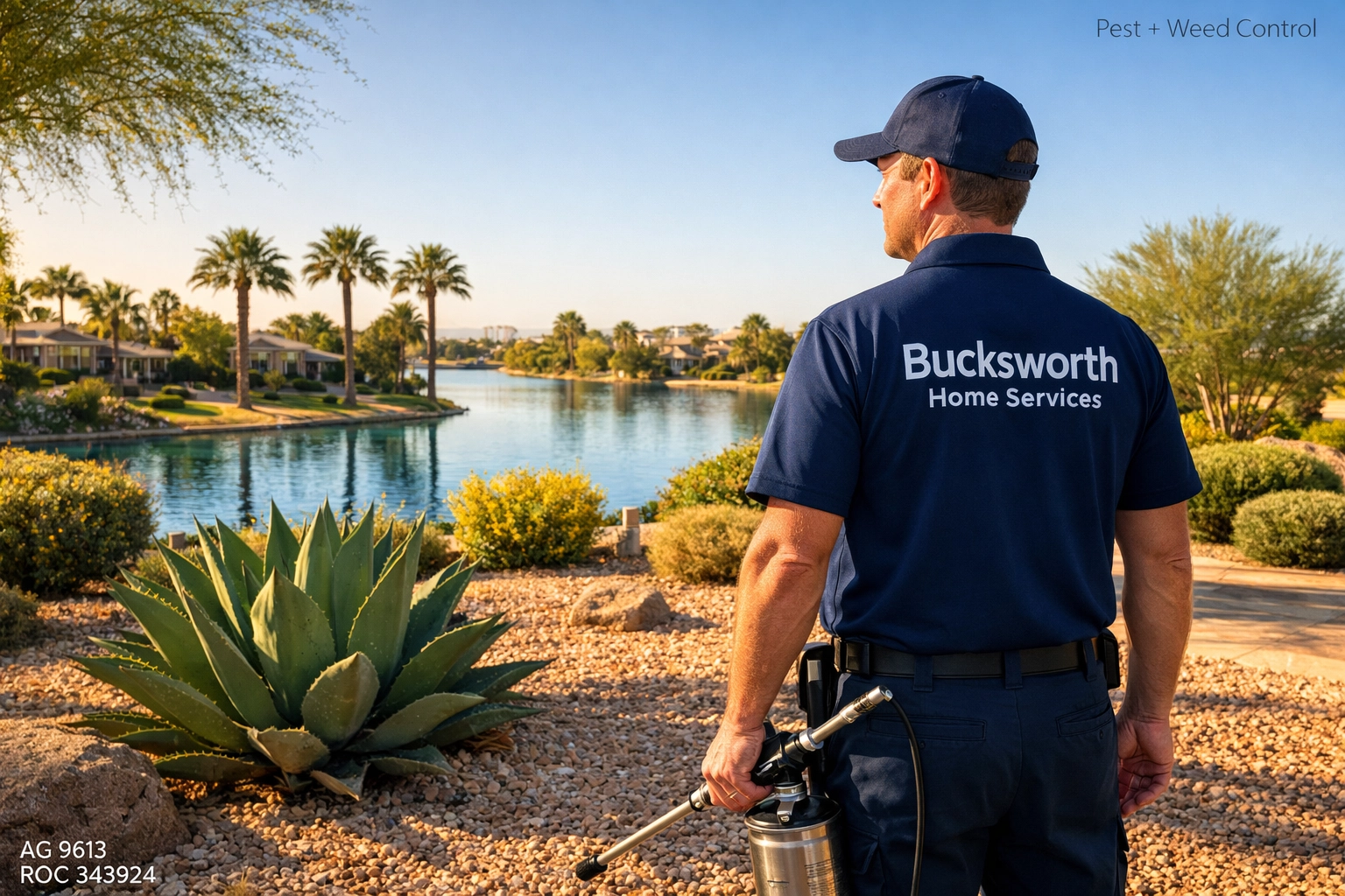 Bucksworth Home Services technician providing pest and weed control in an Ocotillo neighborhood backyard in Chandler, AZ.