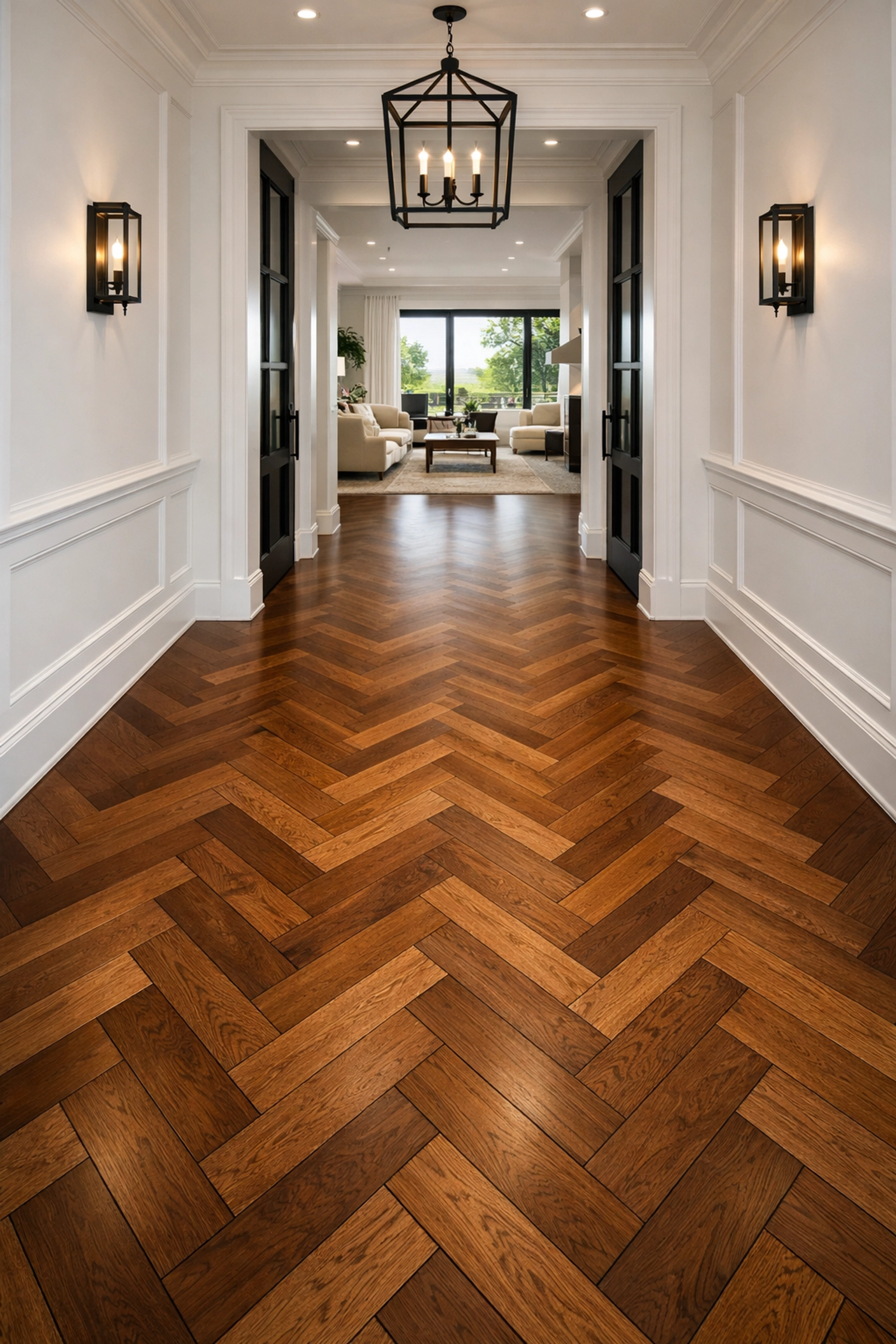 Luxury home entryway with a professional herringbone pattern flooring renovation in Orlando.
