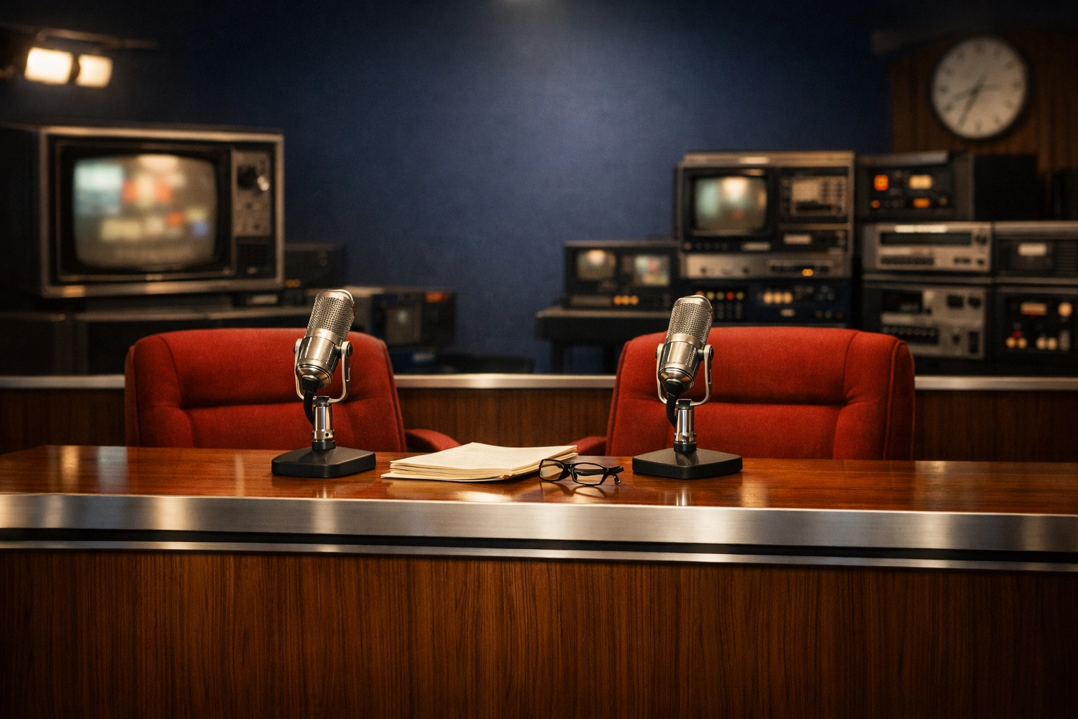 A calm retro newsroom with silver microphones and navy walls, representing a Christ-centered news brief.