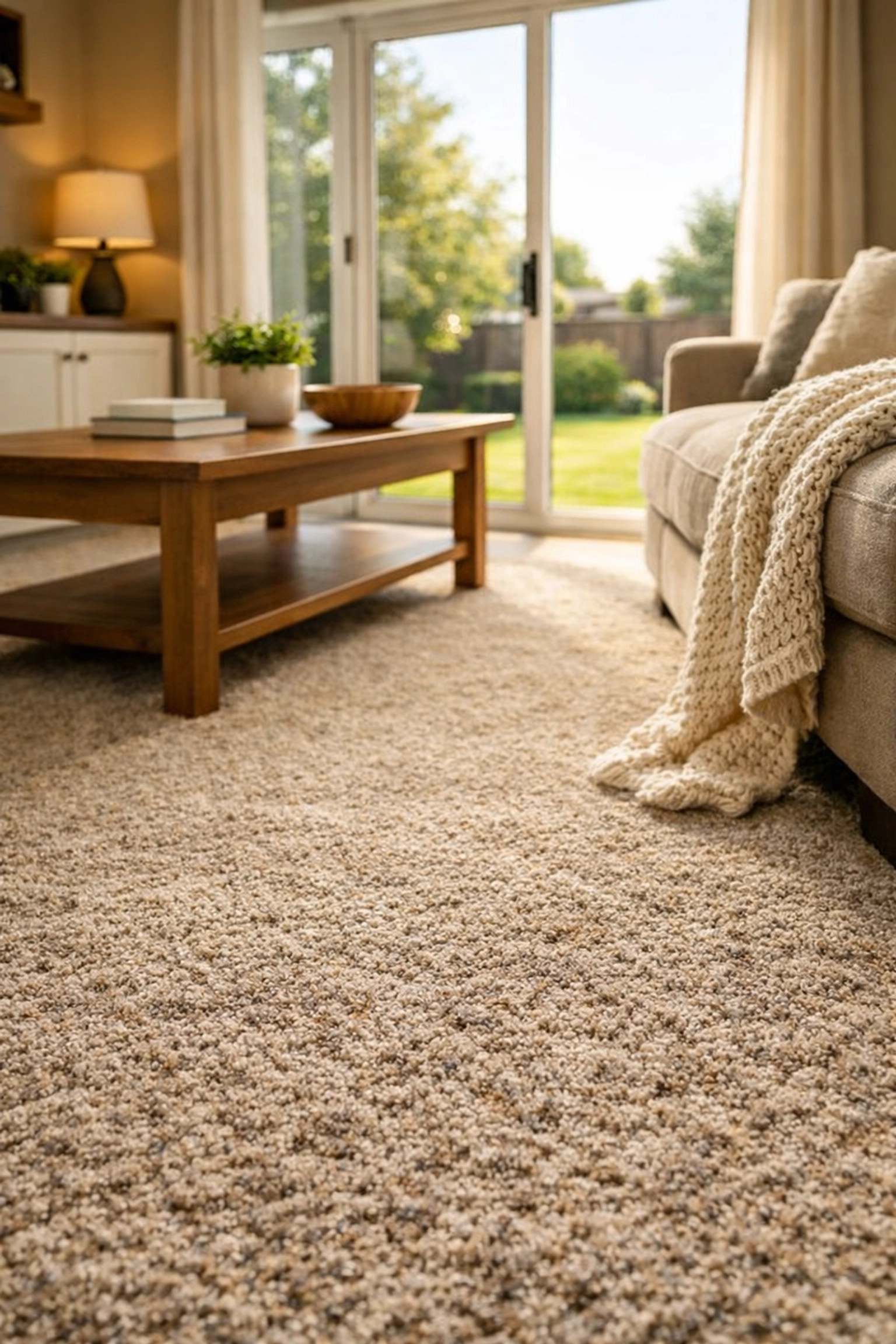 High-quality neutral carpet in a comfortable Warman family room rental.