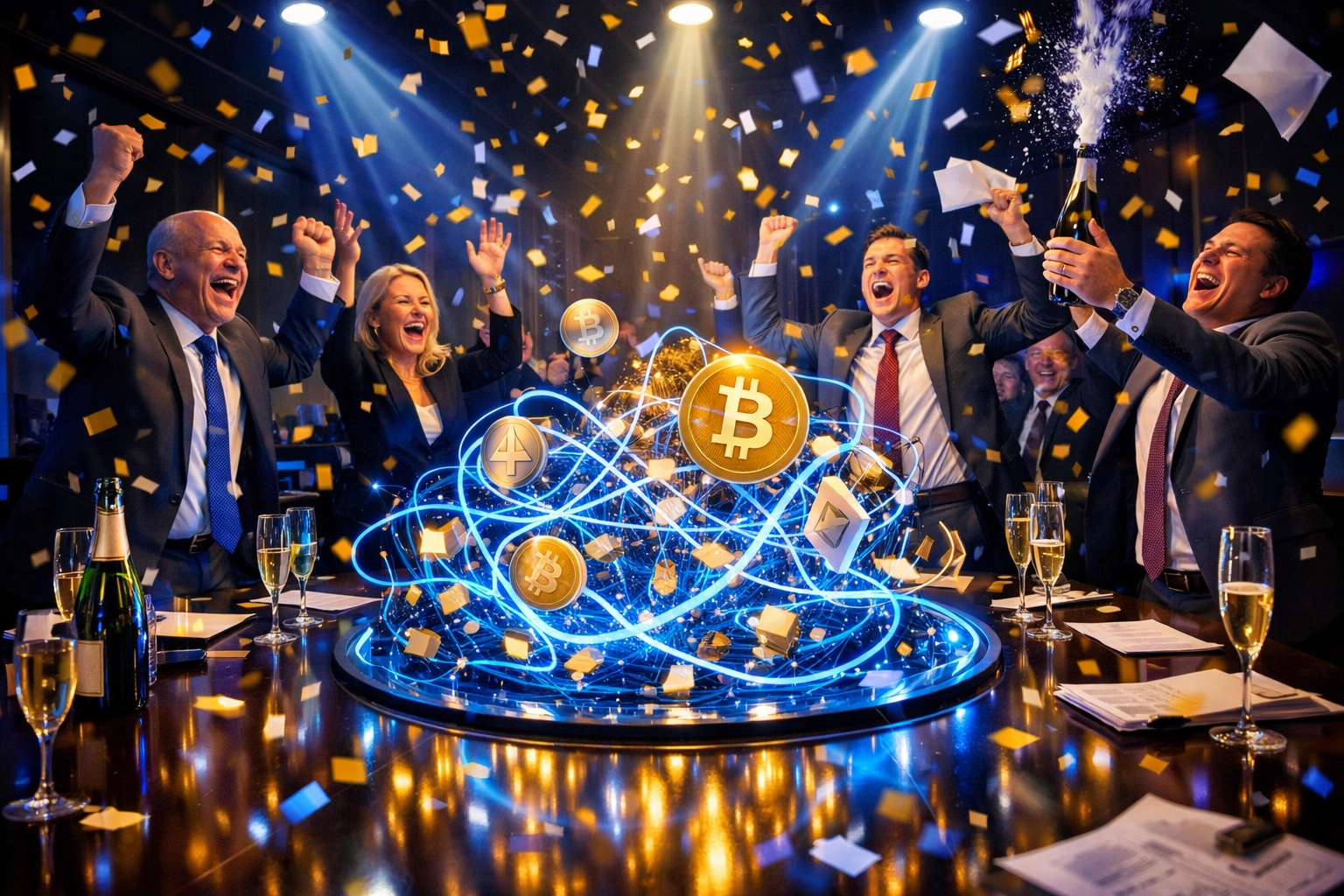 Corporate executives celebrating blockchain technology with cryptocurrency symbols and confetti