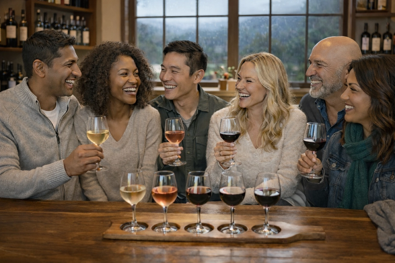 A diverse group of friends in long sleeves enjoying a cozy March wine tasting flight at a Treasure Valley winery.