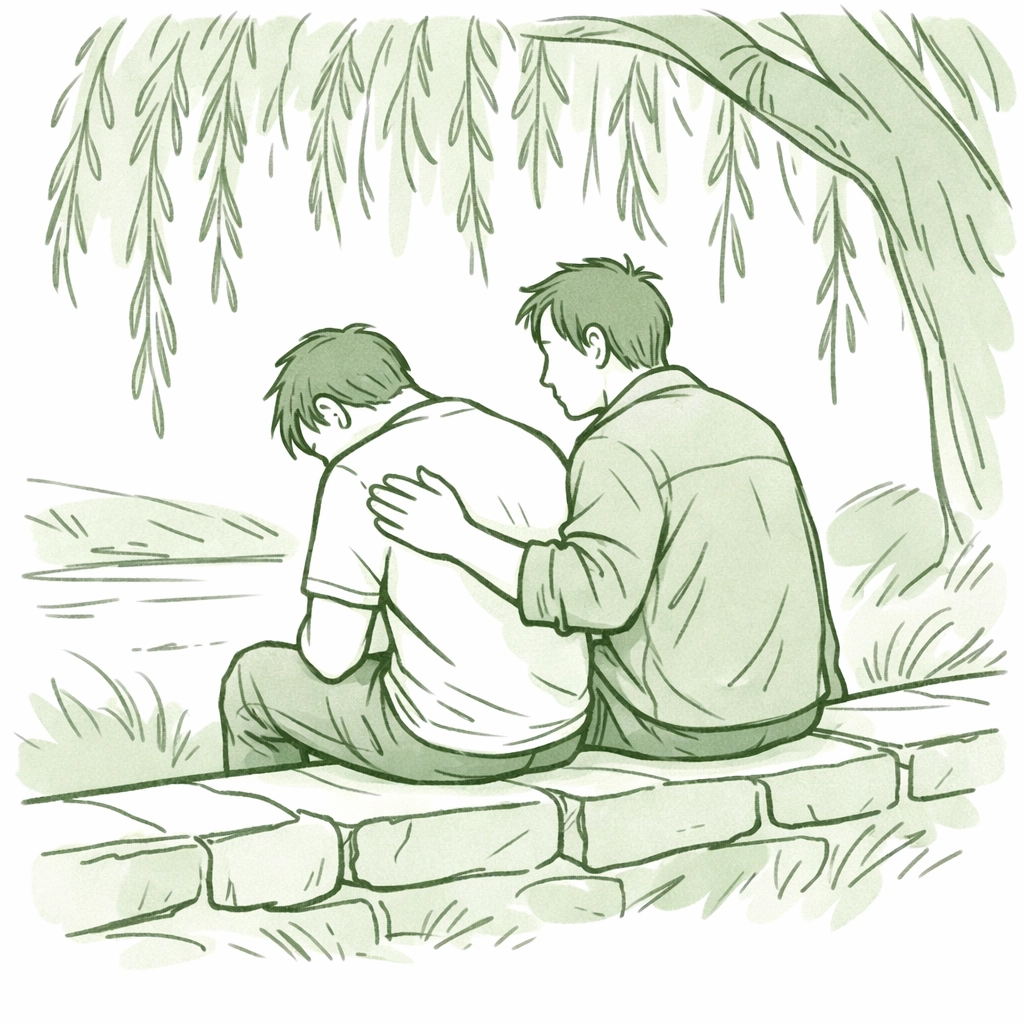 A somber, emotional moment between two men outdoors, capturing the depth of contemporary gay literature.