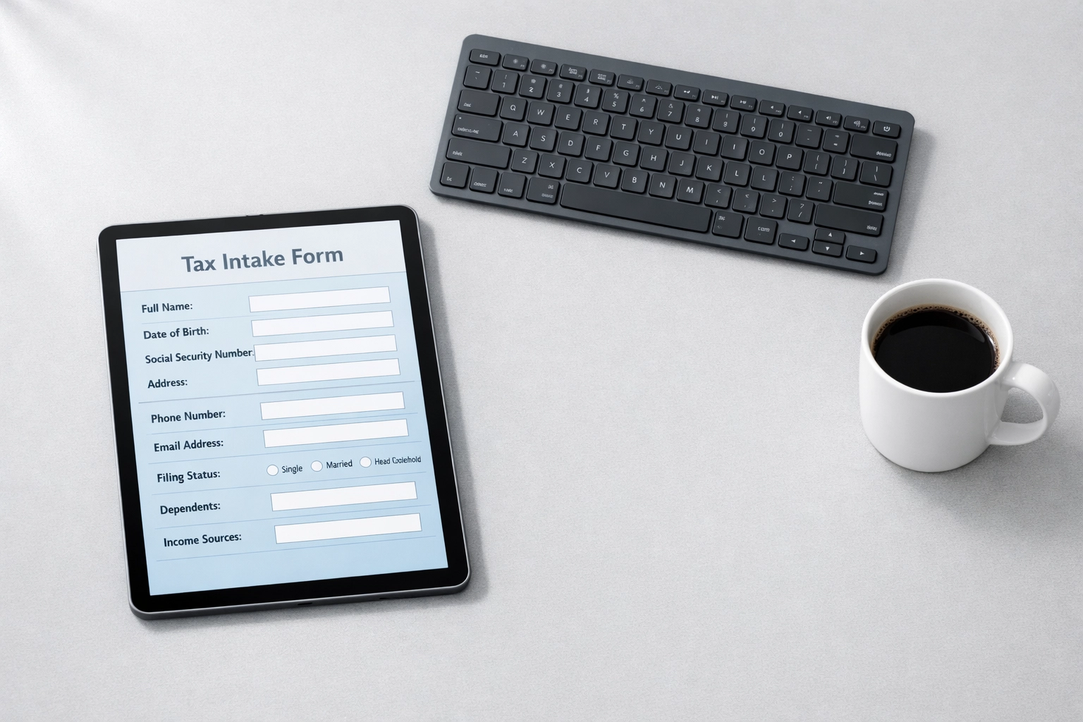 Digital tax intake form on tablet for ERO client onboarding and documentation