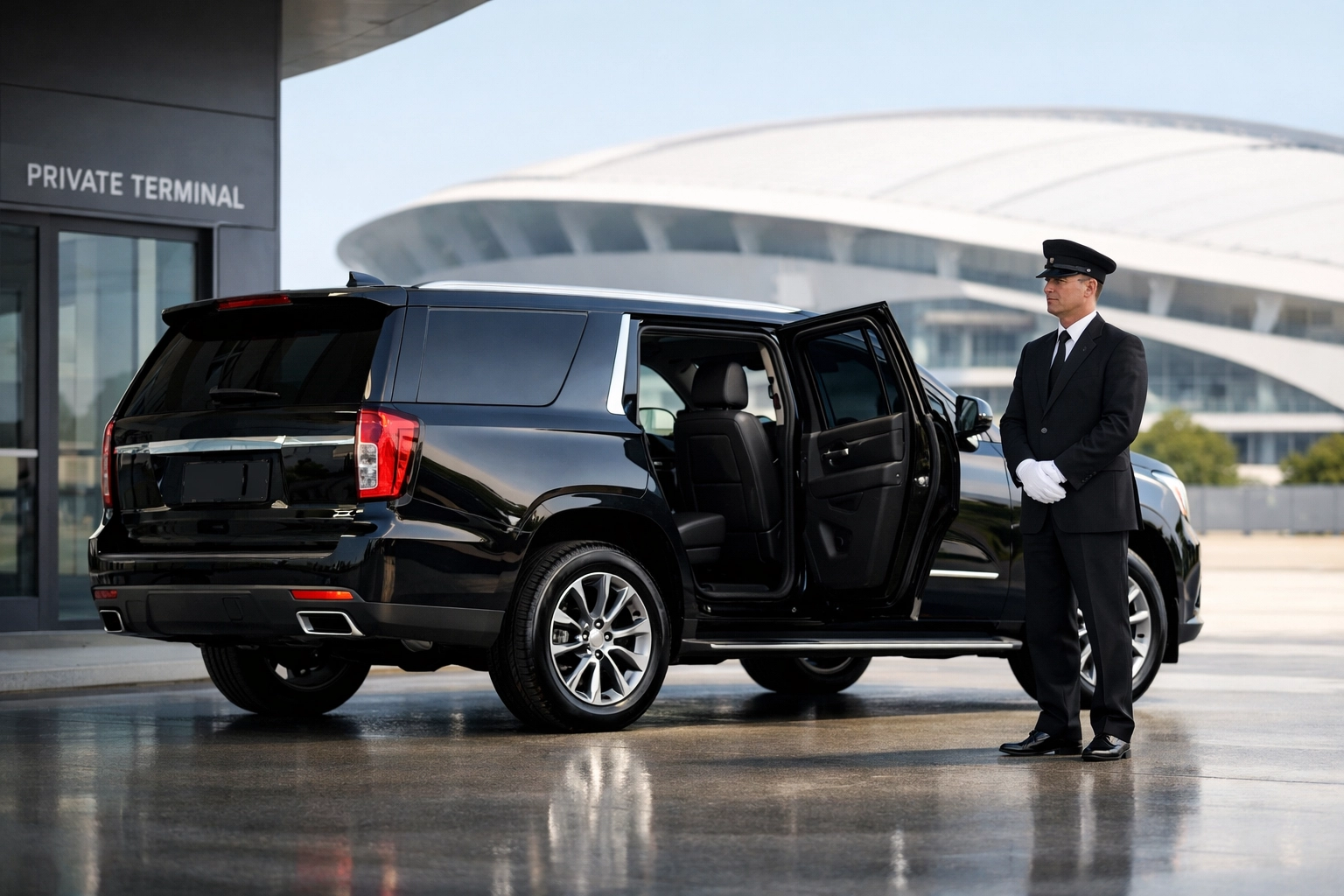 Professional chauffeur waiting by an executive SUV for Super Bowl corporate travel logistics.