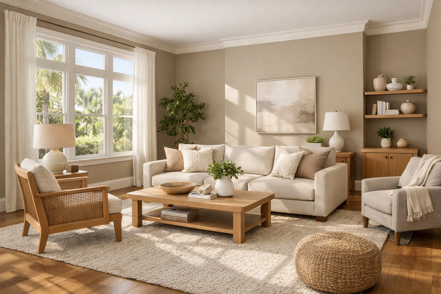 Modern Orlando living room with warm grey walls and natural sunlight