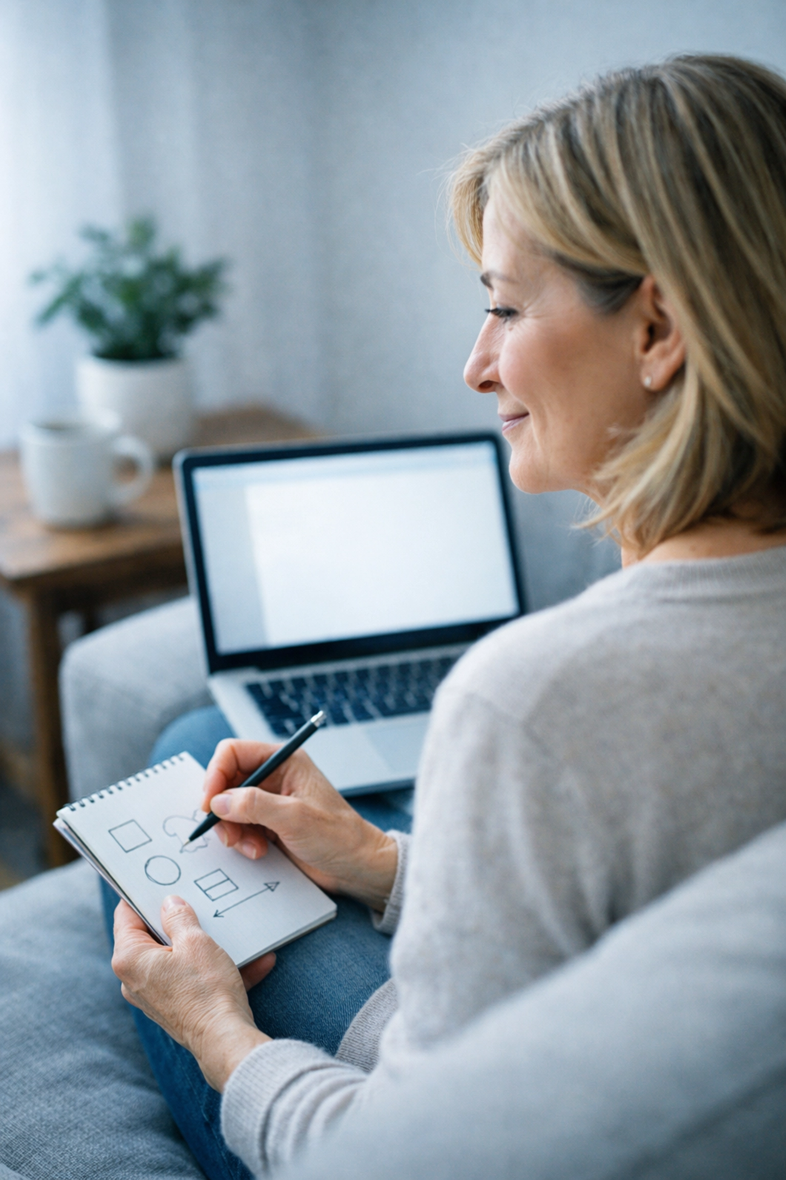 A woman researching term, whole, and IUL life insurance plans on a laptop in a comfortable living room.