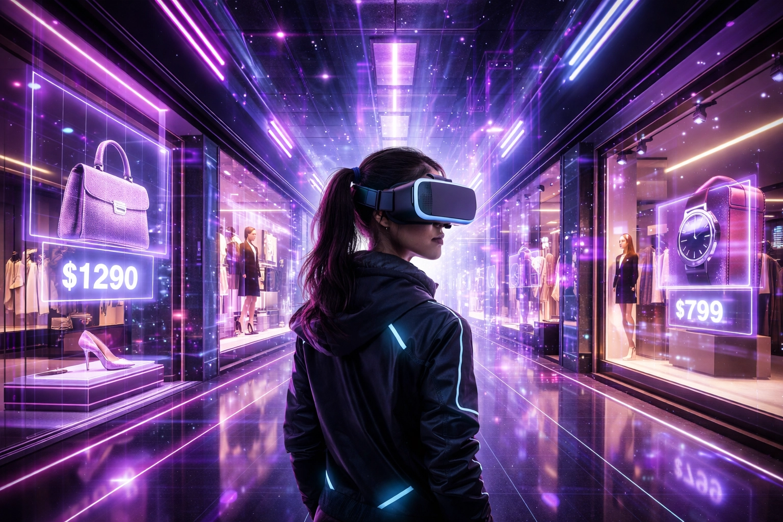 Shopper wearing VR headset exploring a virtual metaverse shopping mall with interactive product displays and crypto payments.