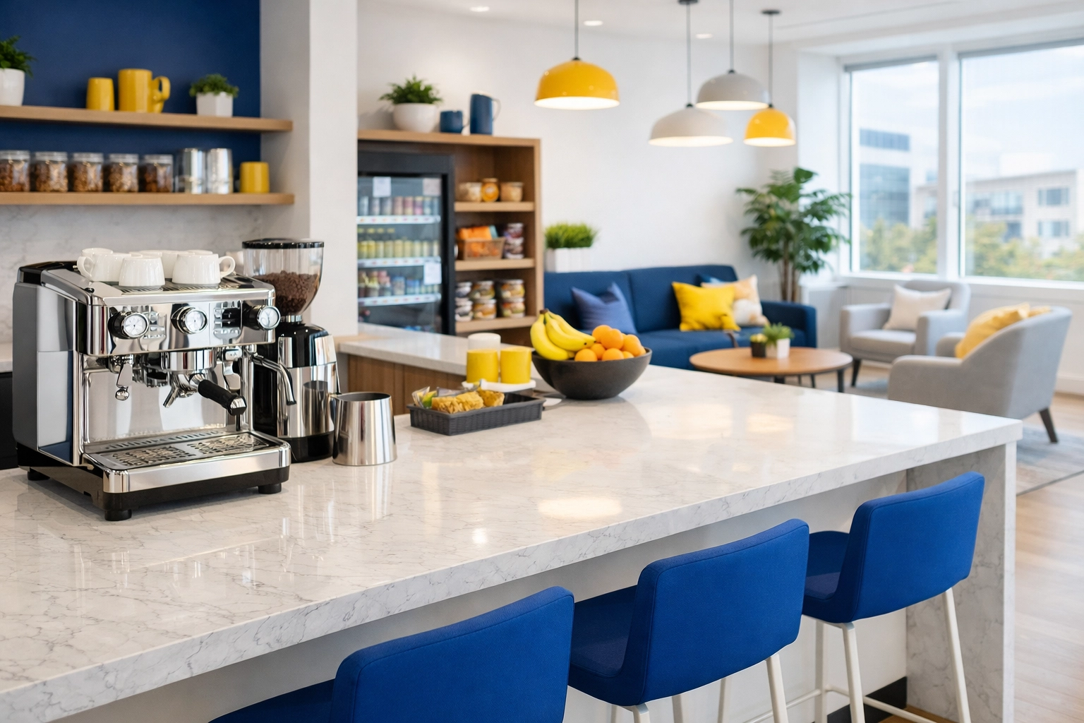 Sanitized tech office breakroom featuring a clean marble counter and organized lounge area.