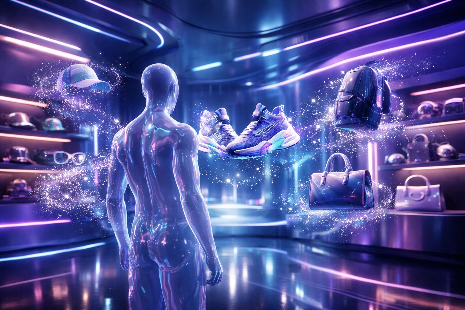 Avatar browsing a dynamic virtual boutique showing intuitive metaverse shopping features from Larecoin.ai.