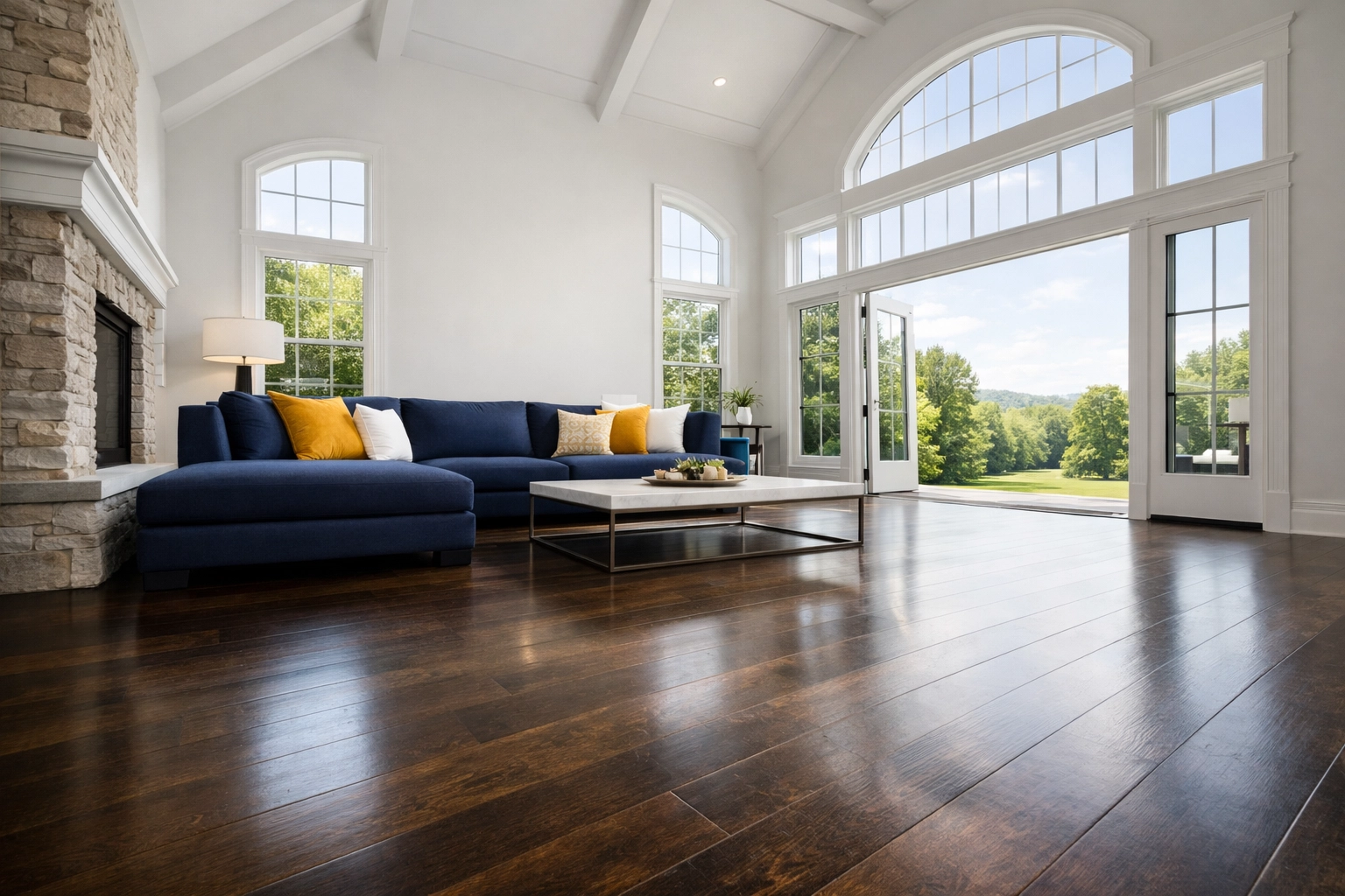 Spacious and clutter-free luxury living room in Bolton, MA, perfectly maintained by weekly house cleaning.