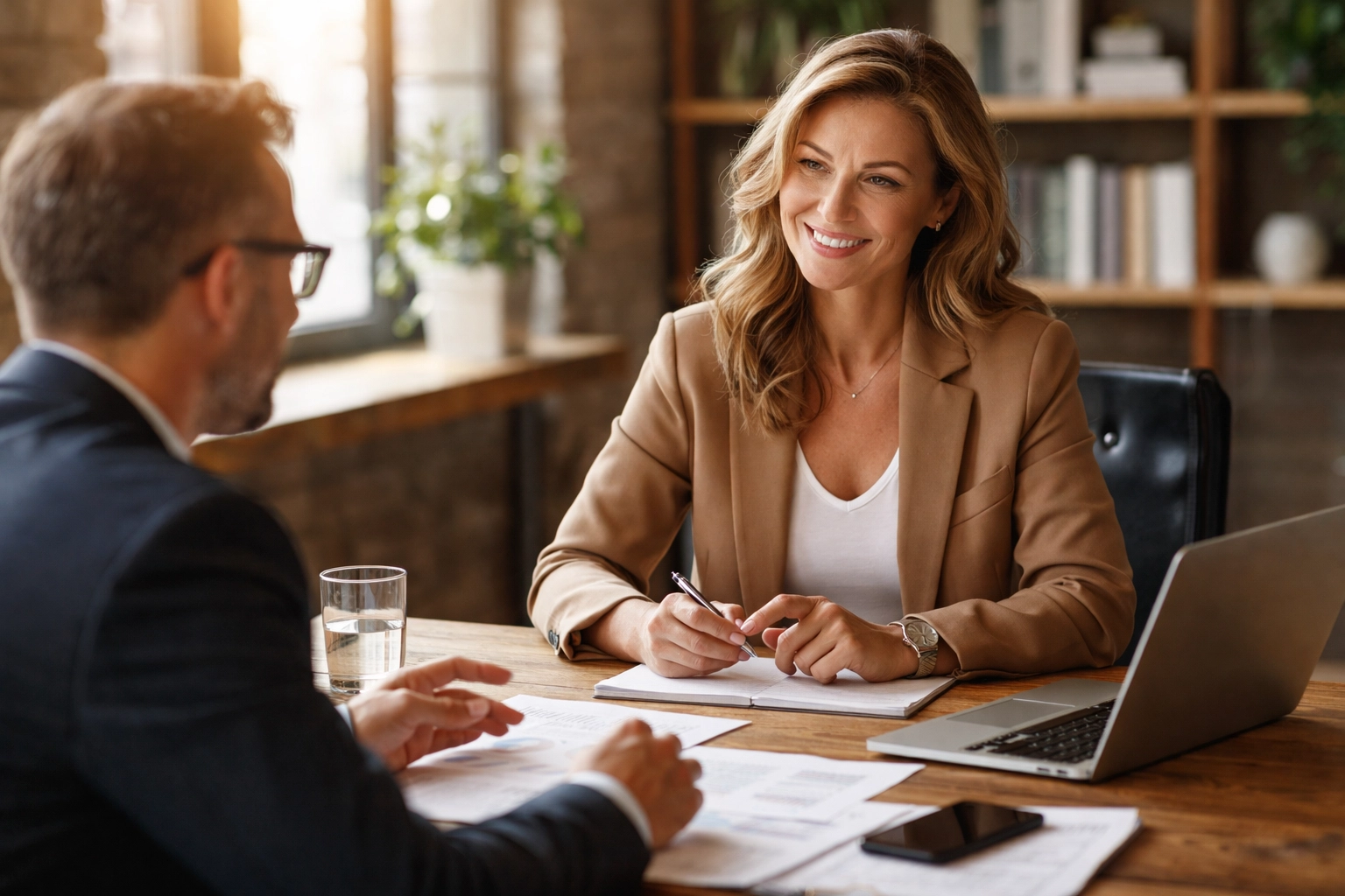 Confident small business owner discussing strategy with a fractional executive consultant in a modern office setting. Confident small business owner discussing strategy with a fractional executive consultant in a modern office setting.