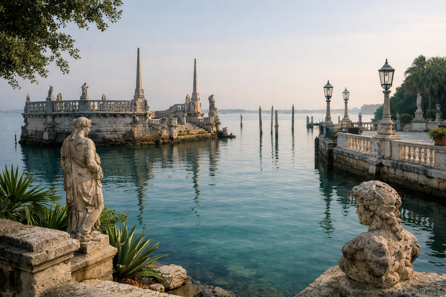 Ornate waterfront stone barge and gardens at Vizcaya Museum, a must-see among miami hidden gems.