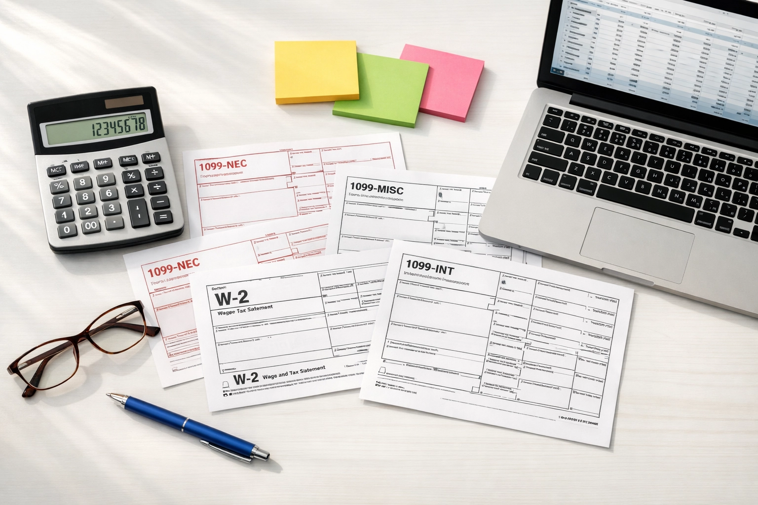 Tax forms including 1099s and W-9s organized on desk with calculator for small business filing