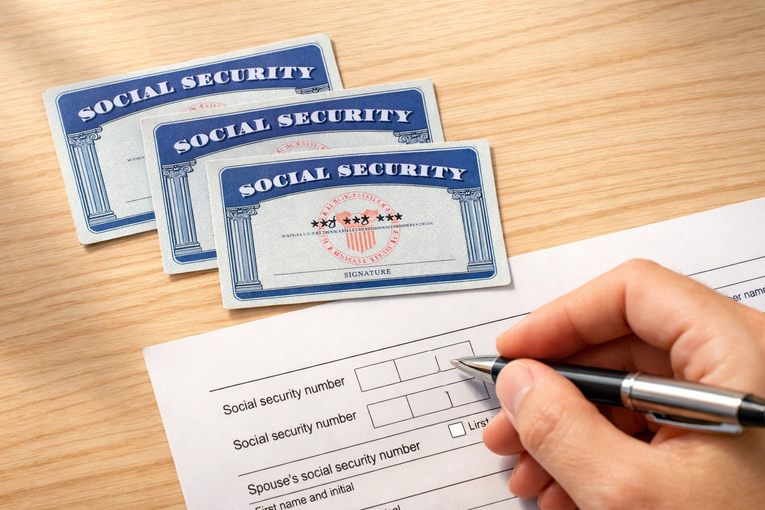 Social Security cards on desk with person verifying SSN on tax form