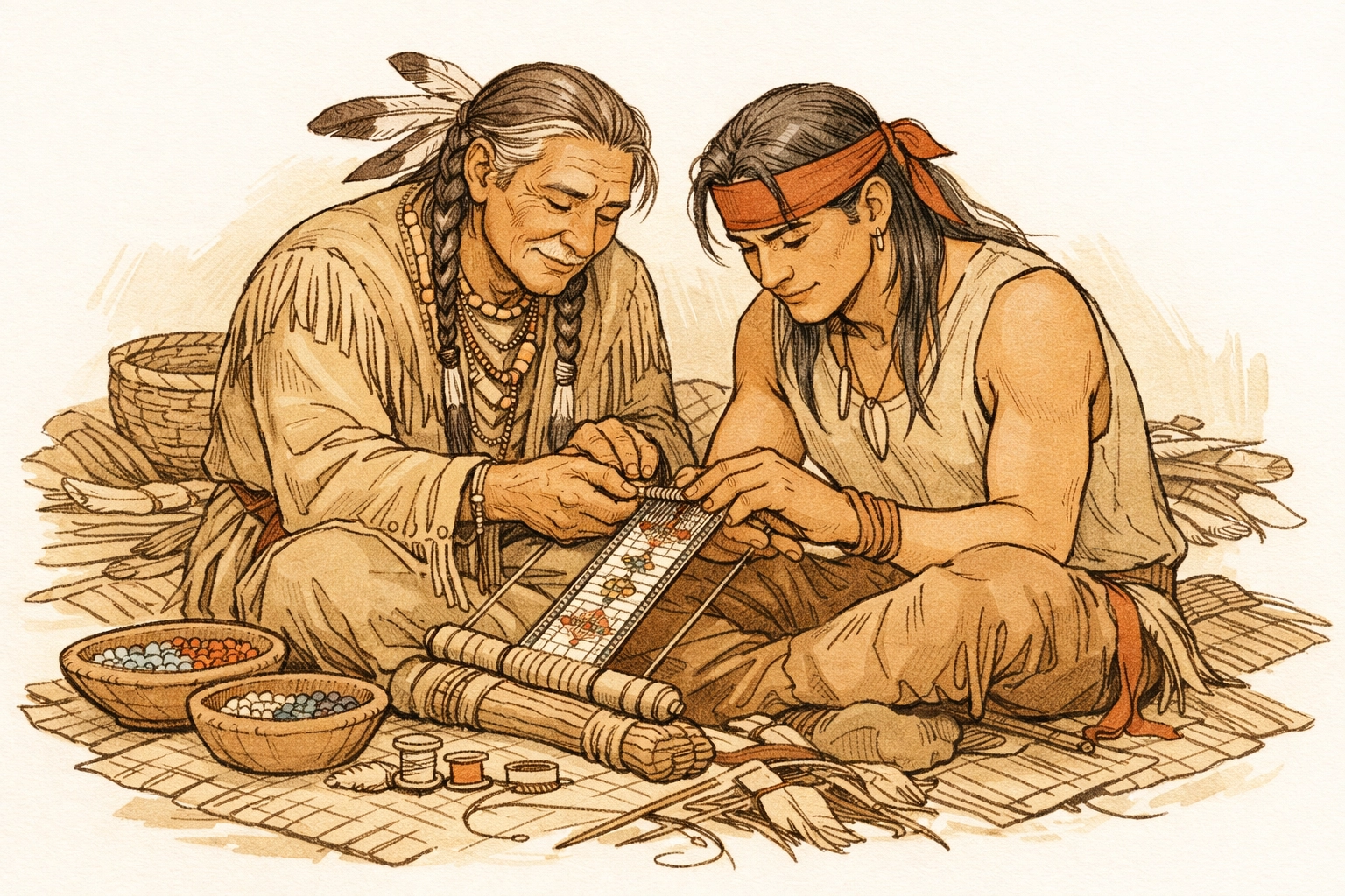 Indigenous men sharing traditional beadwork knowledge, passing cultural wisdom between generations