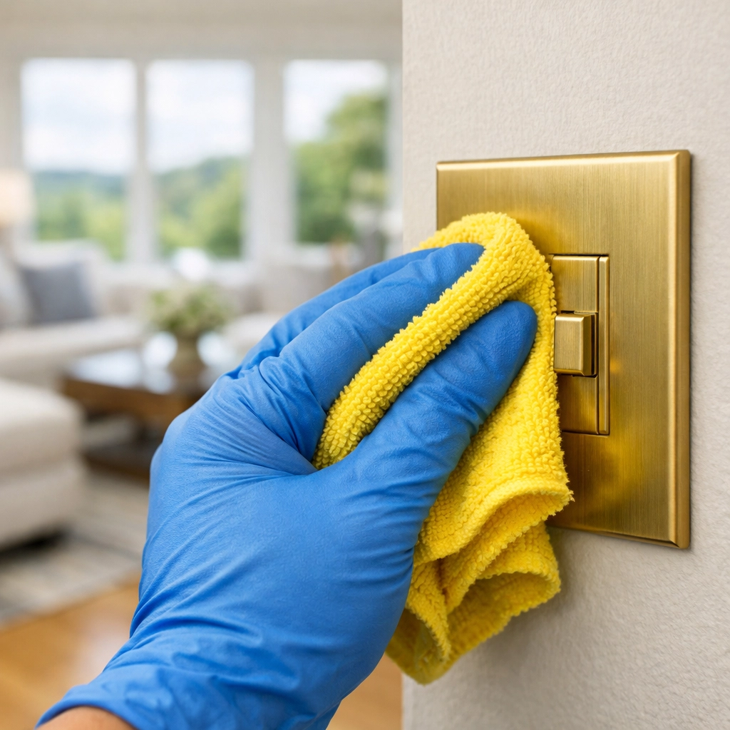 Expert house cleaning Ashburnham MA service disinfecting light switches in a tidy living room.