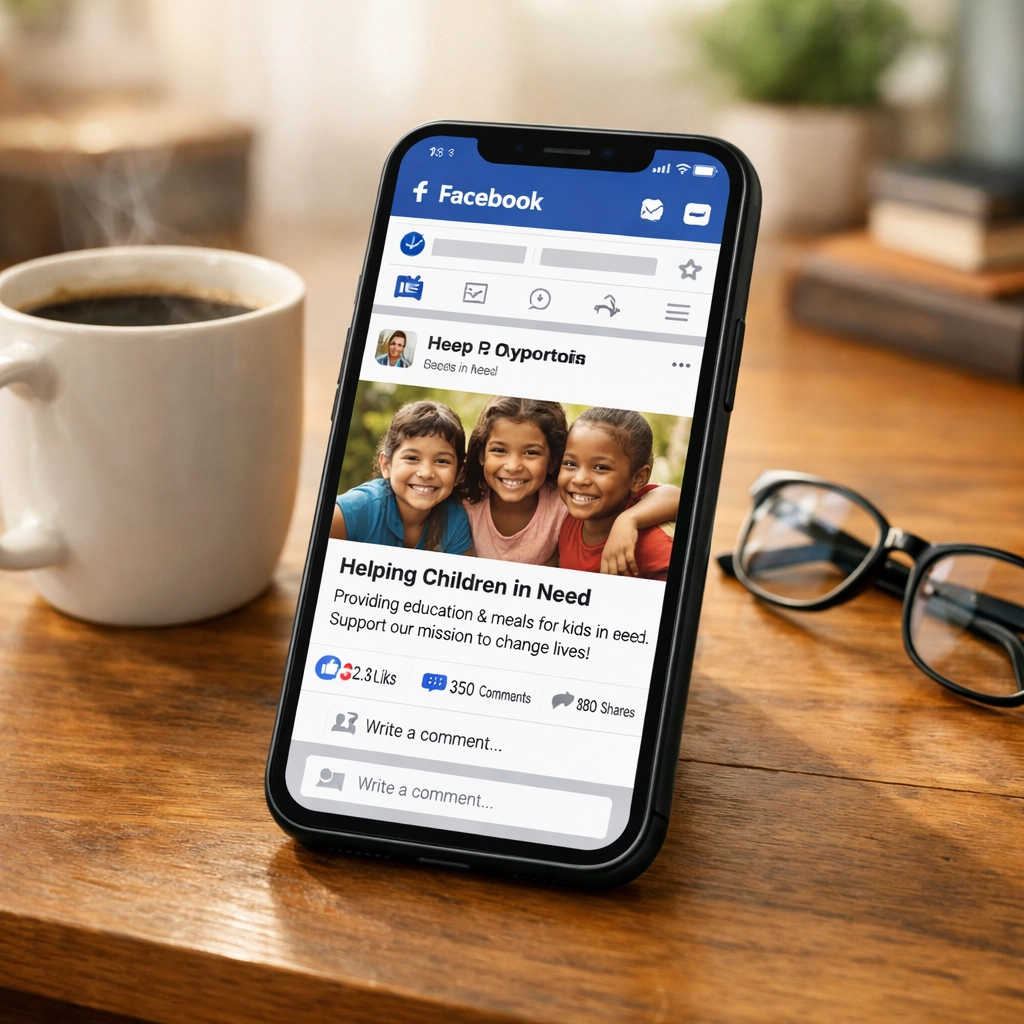 Smartphone displaying Facebook nonprofit content for planned giving marketing engagement