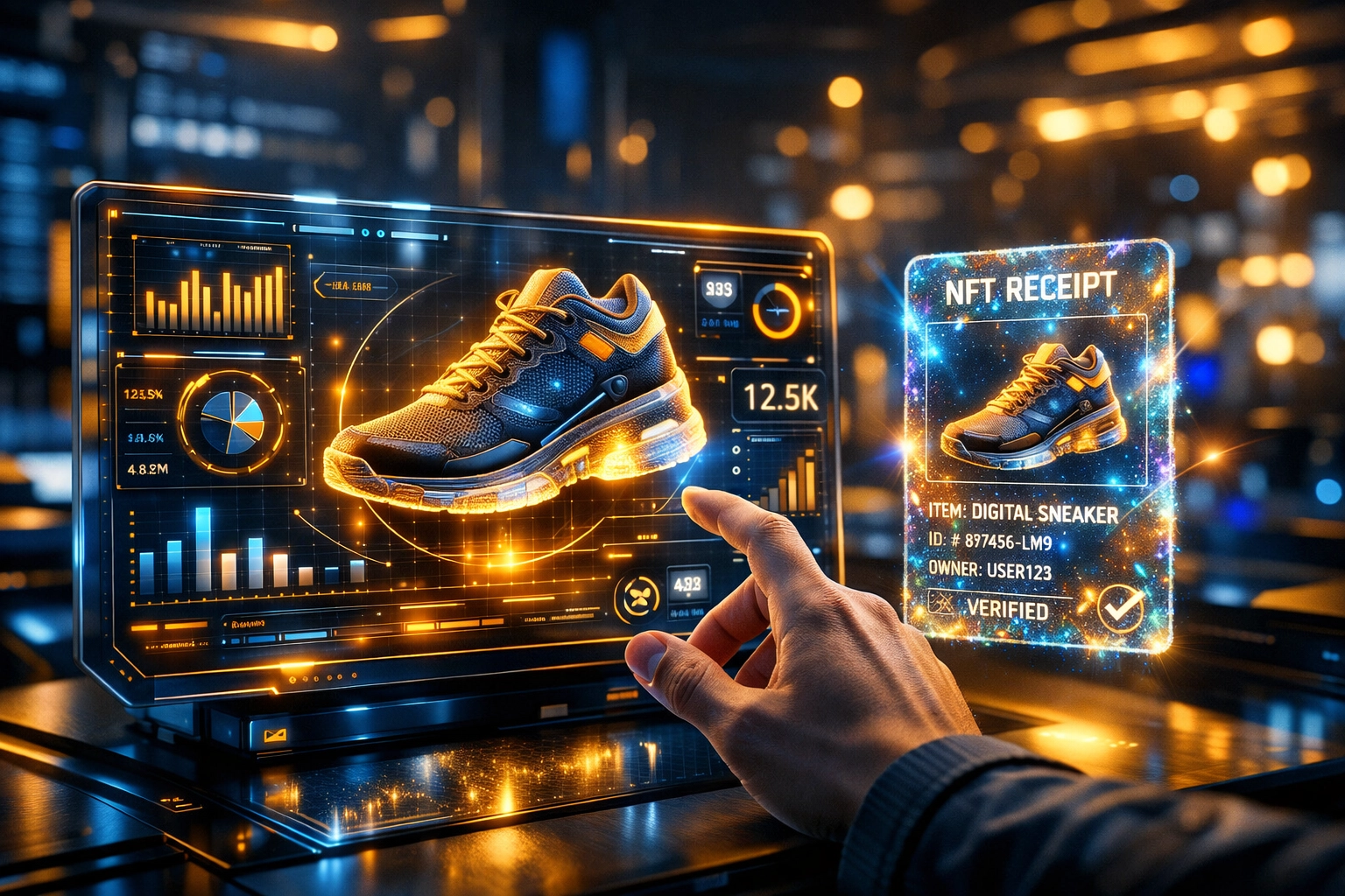 Futuristic metaverse merchant dashboard featuring AI product analytics and digital NFT receipts.