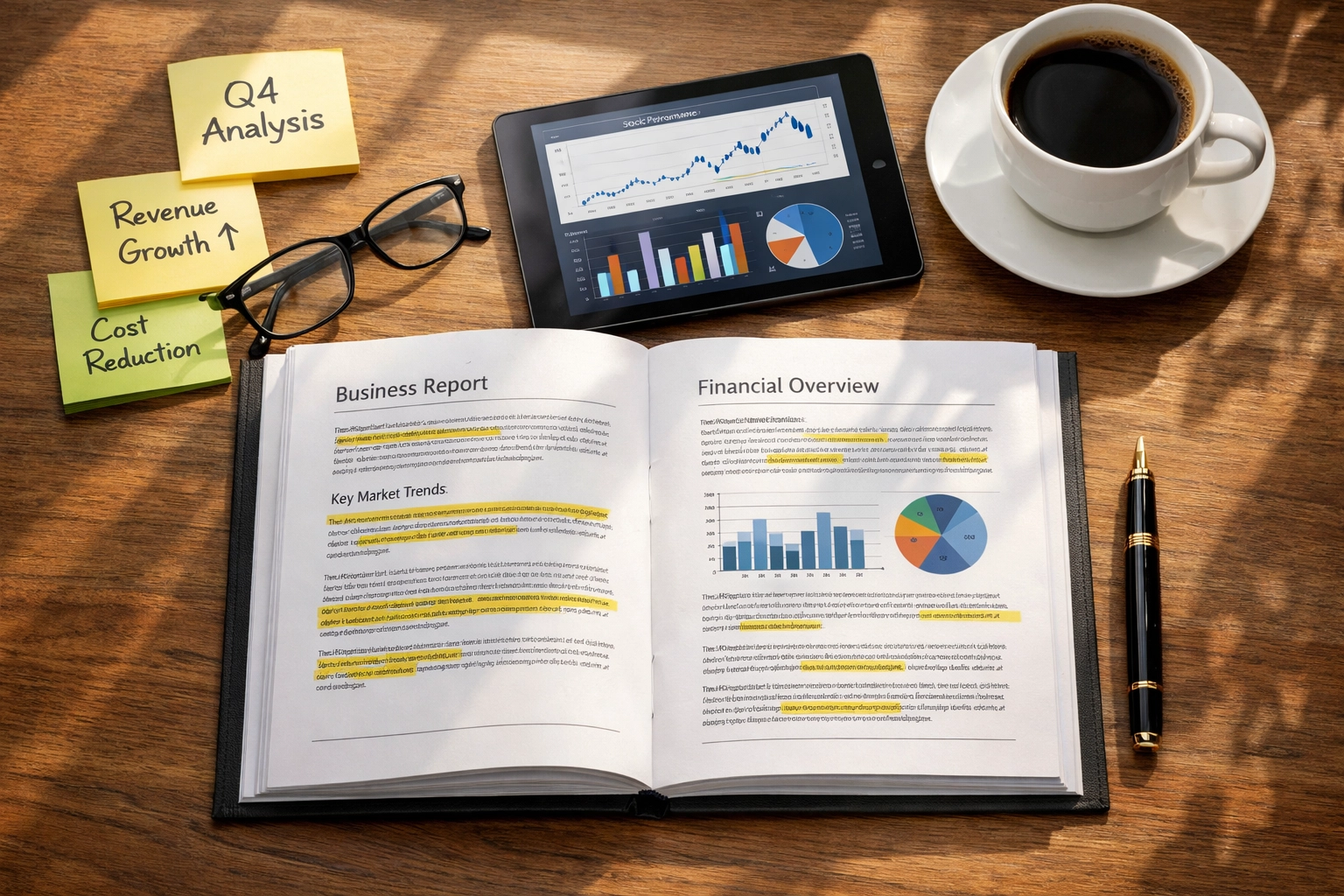 Organized workspace with due diligence report, financial graphs, and investigation notes
