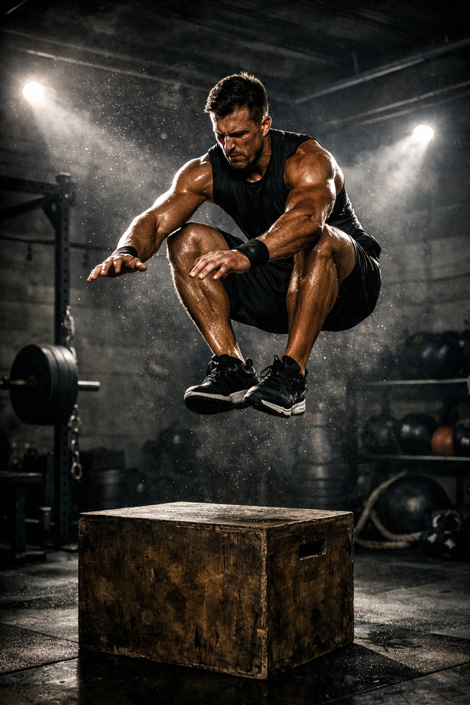 Athlete performing explosive exercises in a home gym with a no wall damage workout system.