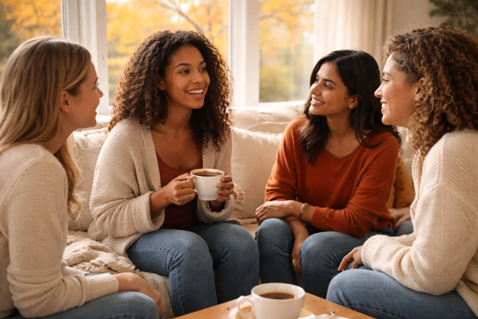 Group of Michigan women discussing surrogate requirements in a bright, warm living room setting