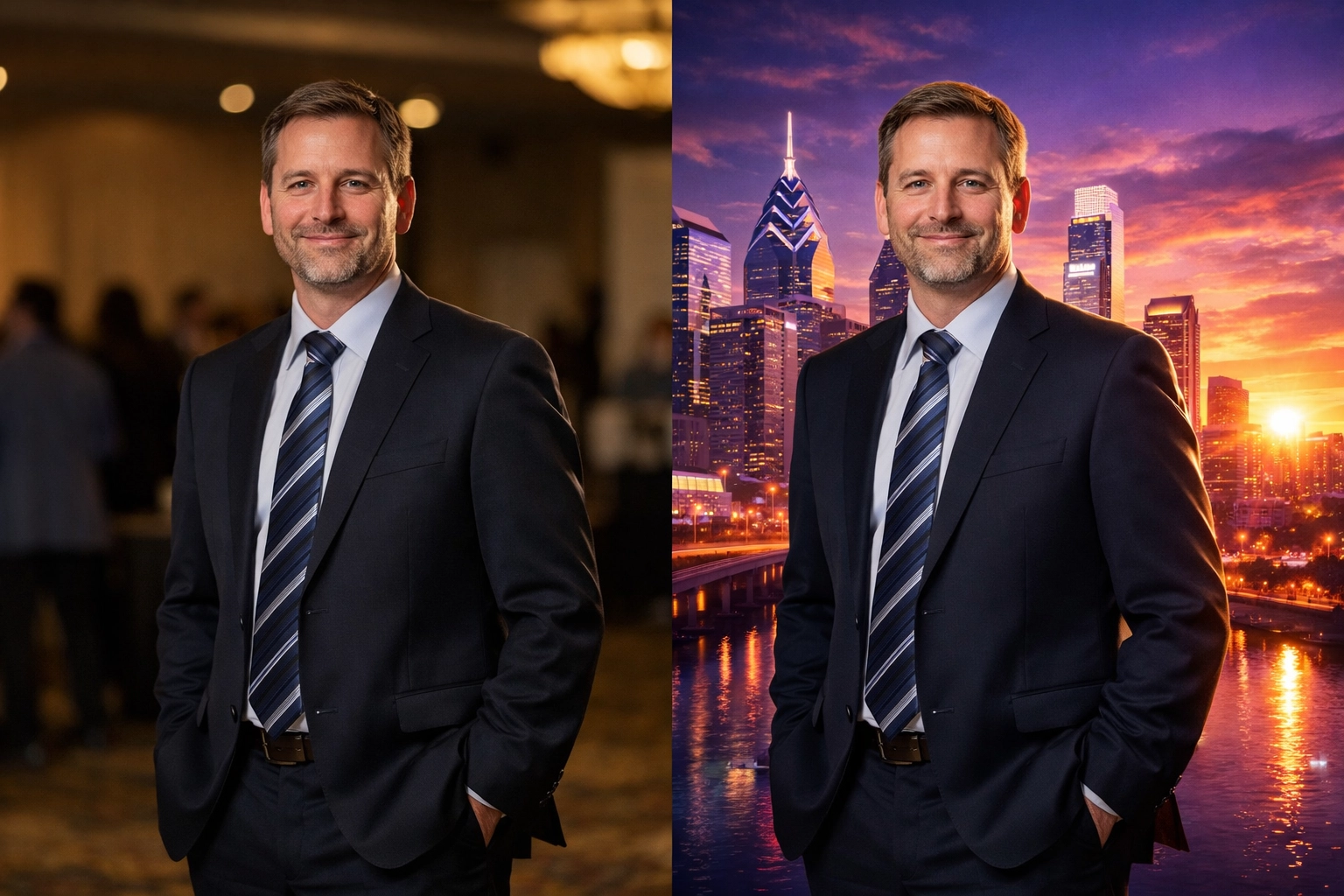 AI photo experience in Philadelphia showing seamless background removal with a stylized city skyline.