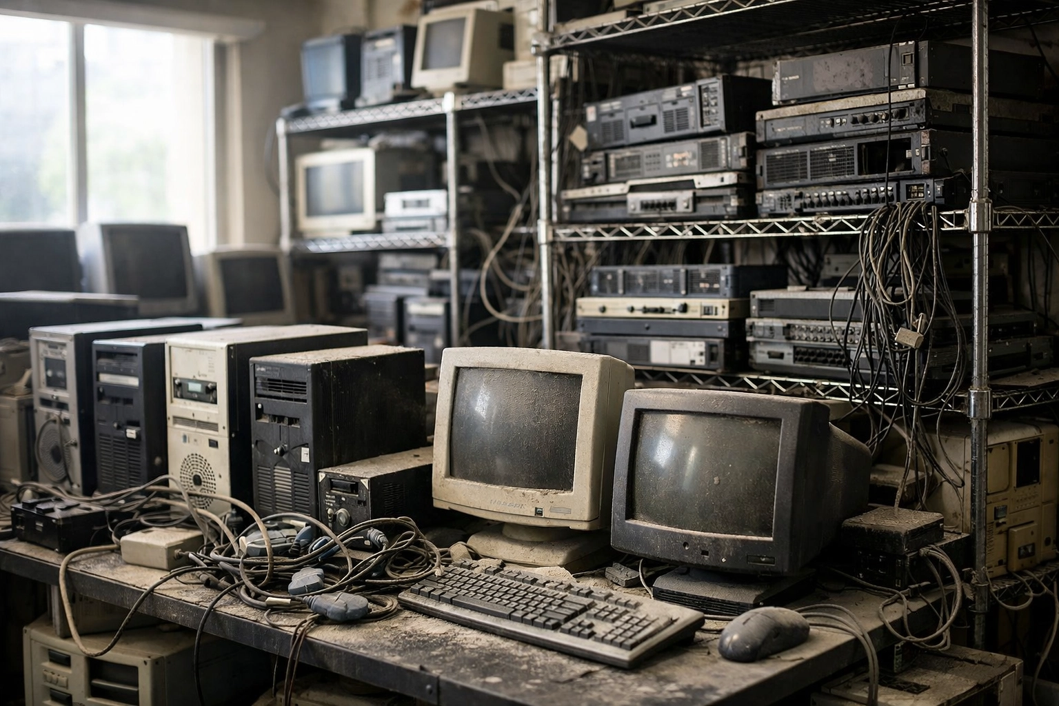 Outdated office IT equipment and servers awaiting WEEE recycling in Northamptonshire