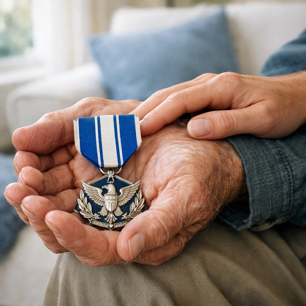Close-up of a veteran holding a service medal, symbolizing earned VA benefits for senior home care.
