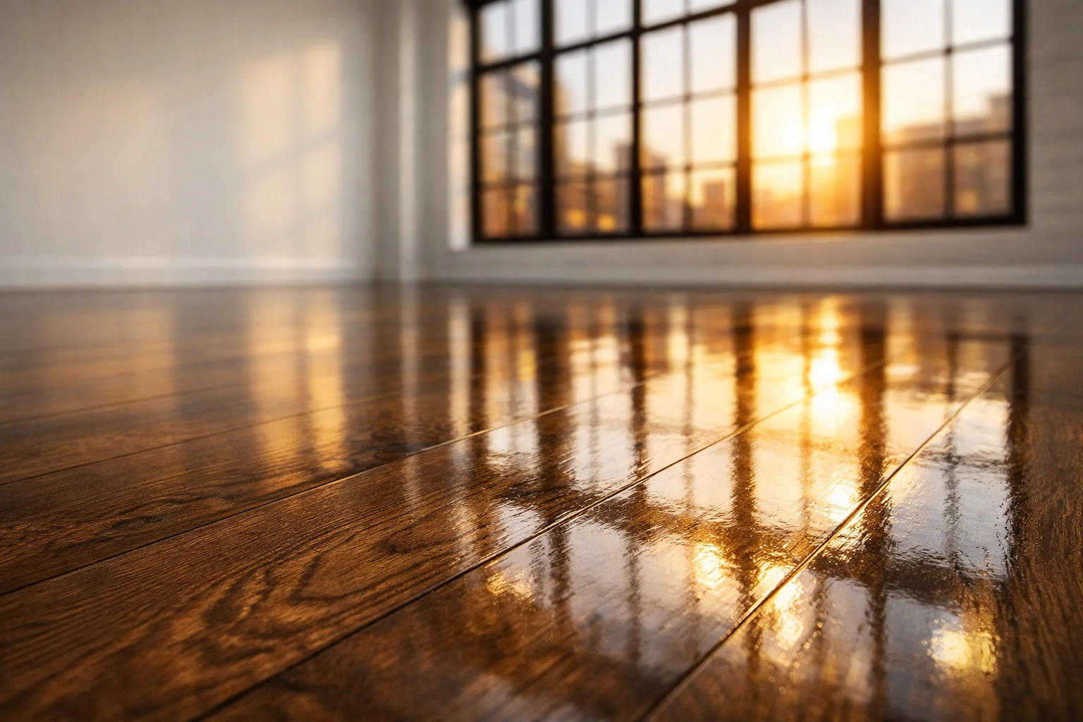 Deep cleaned luxury vinyl plank floors with a high-gloss finish in an empty urban apartment.
