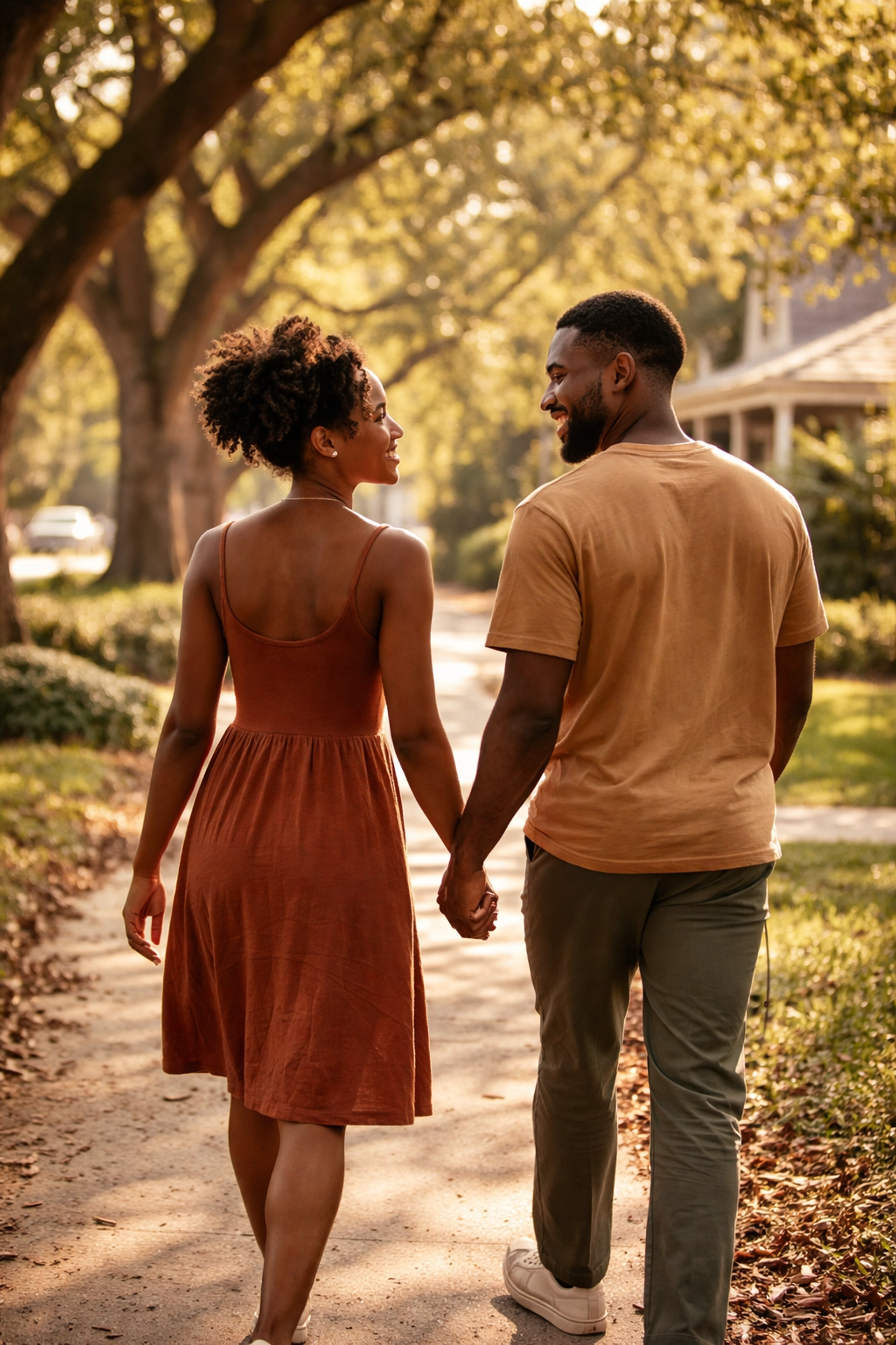 Black couple walking hand-in-hand through a tree-lined suburban path, illustrating the power of healthy boundaries in relationships.