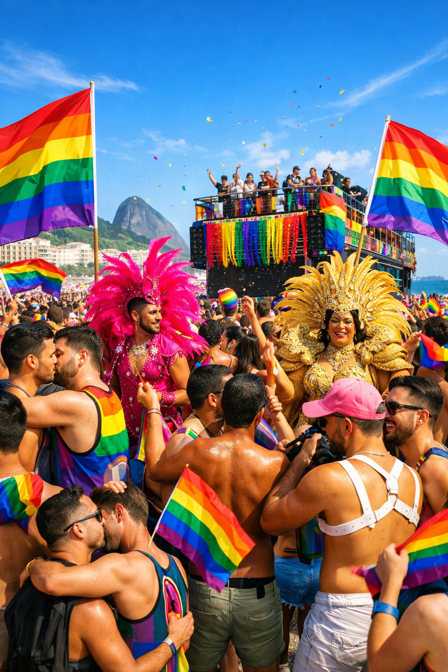 Rio de Janeiro Pride parade on Copacabana Beach with rainbow flags and LGBTQ+ celebration