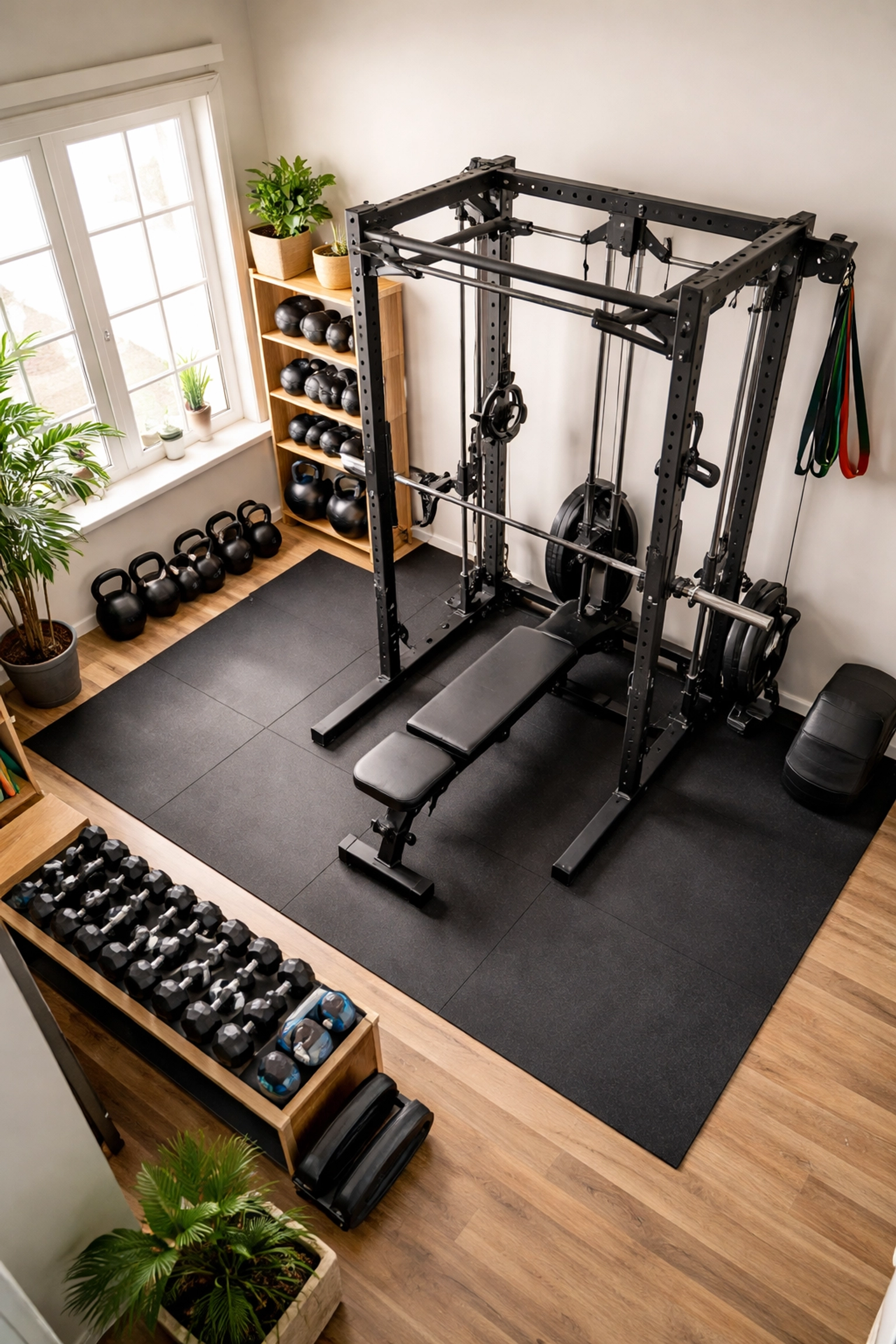 Aerial view of a tidy home gym with a multi-function trainer, kettlebells, and resistance bands for effective full body workouts at home.