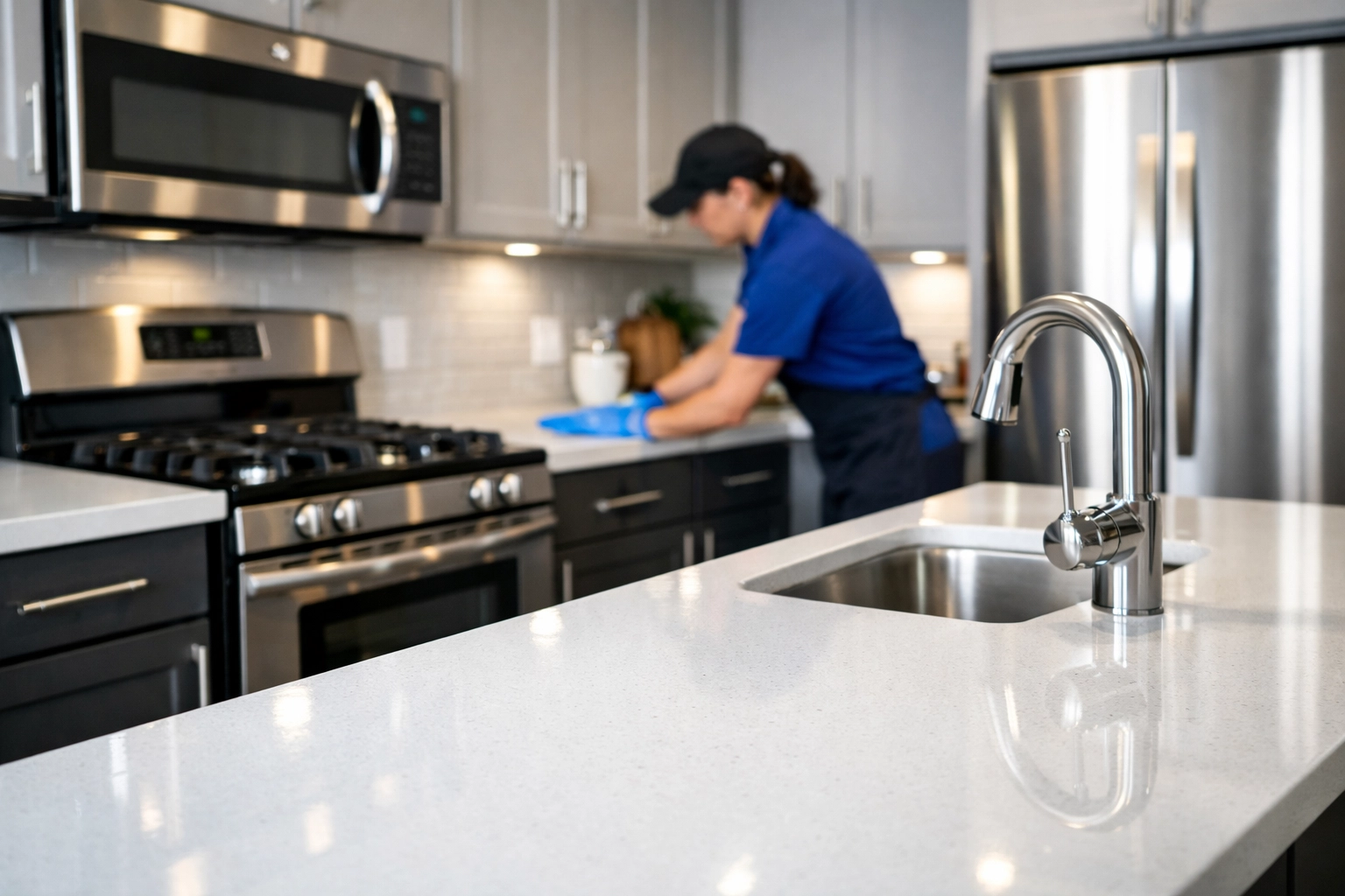 Professional turnover cleaning in a luxury Indianapolis multifamily kitchen with quartz countertops.