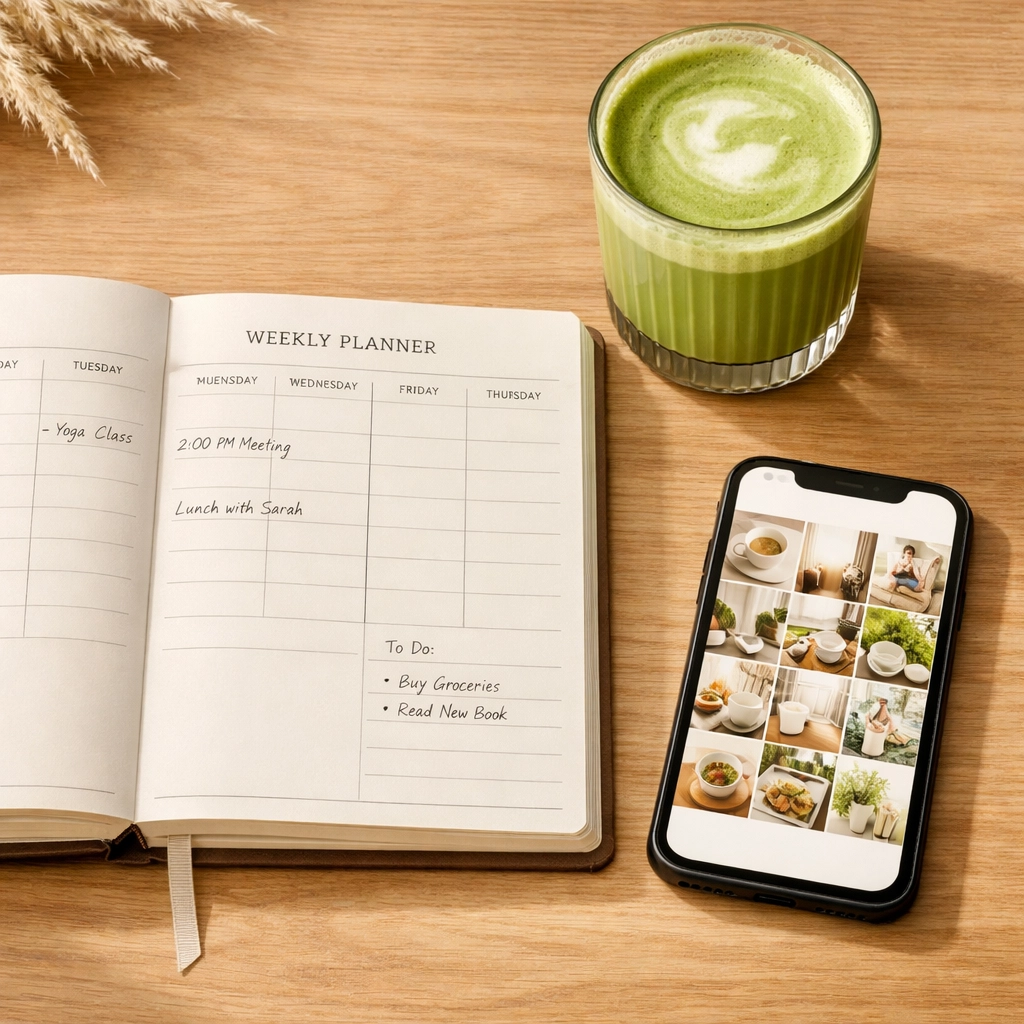 A minimalist workspace with a weekly content planner and matcha latte for wellness business marketing.