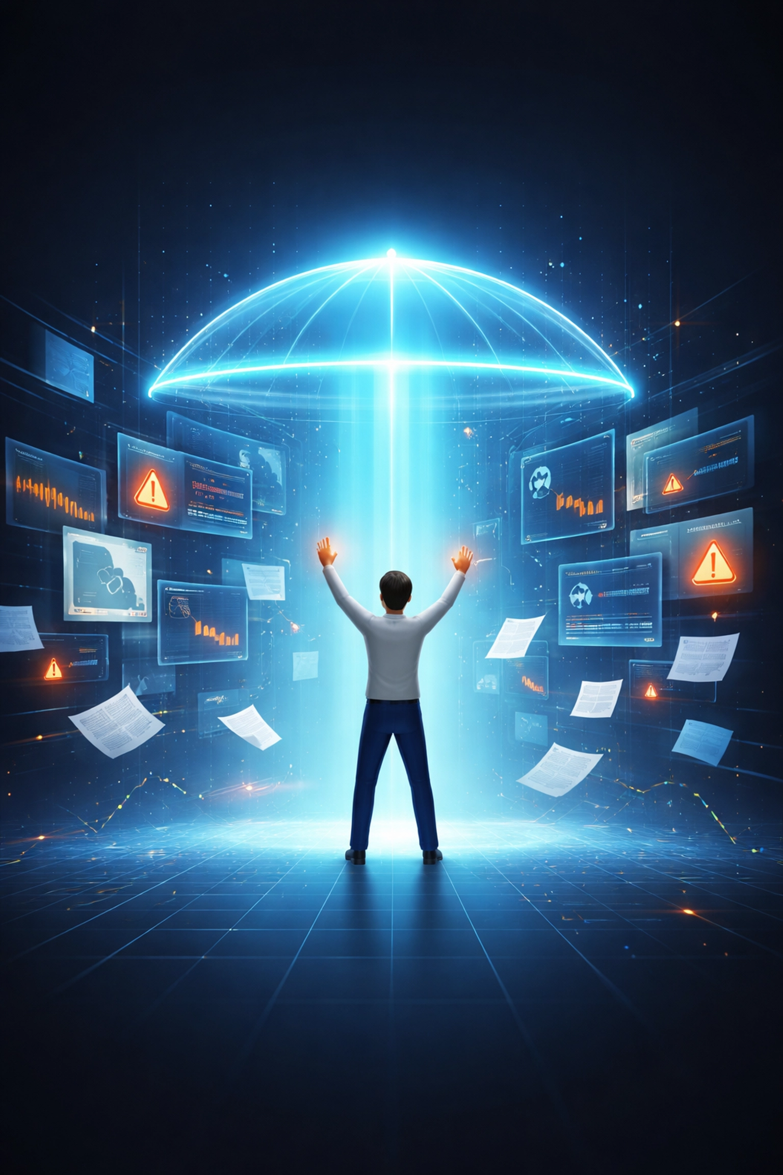 Small business owner facing digital security alerts, reaching for managed IT support, emphasizing the benefits of outsourced IT services