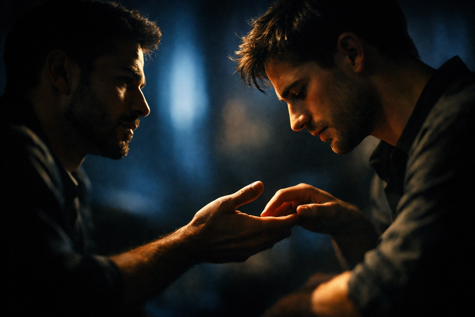 LGBTQ+ couple showing non-verbal trust and vulnerability in handler-pup relationship dynamic