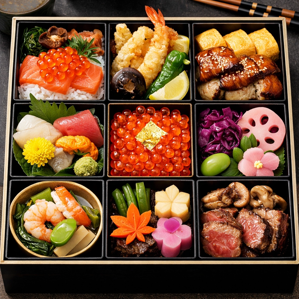 Luxury bento box from a Tokyo department store food hall, highlighting the best photography locations.