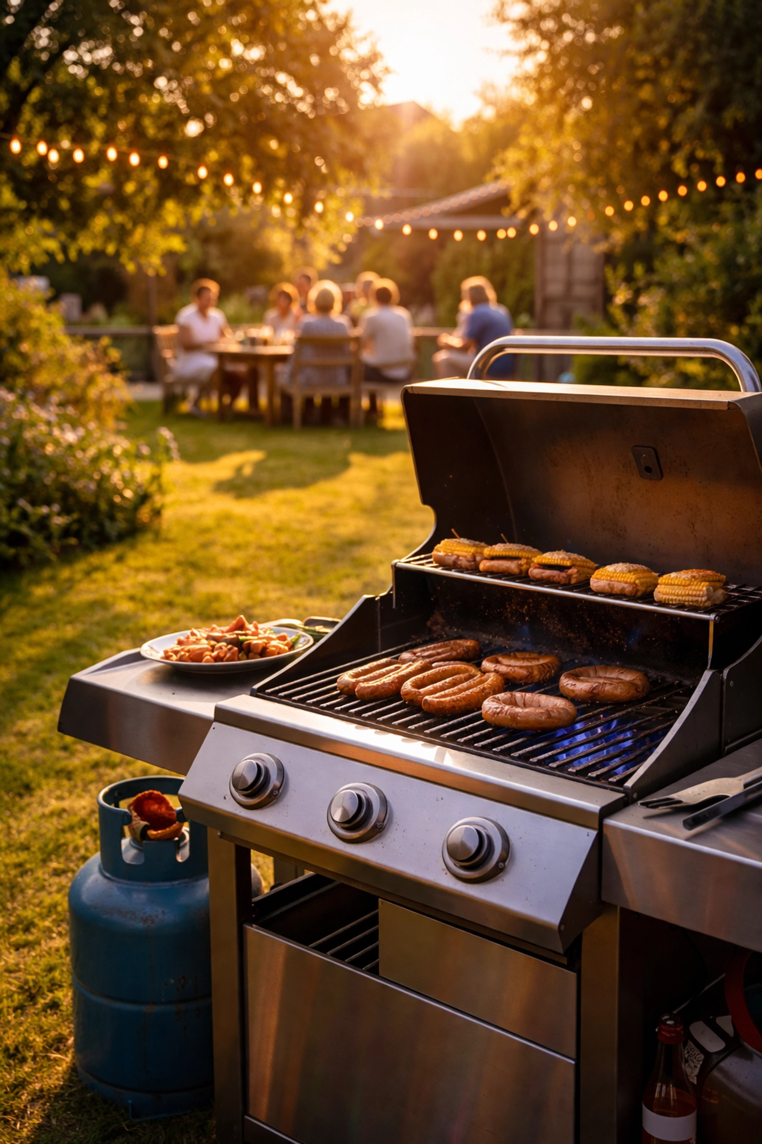 British garden BBQ grilling sausages, propane cylinder visible, highlighting domestic use of gas