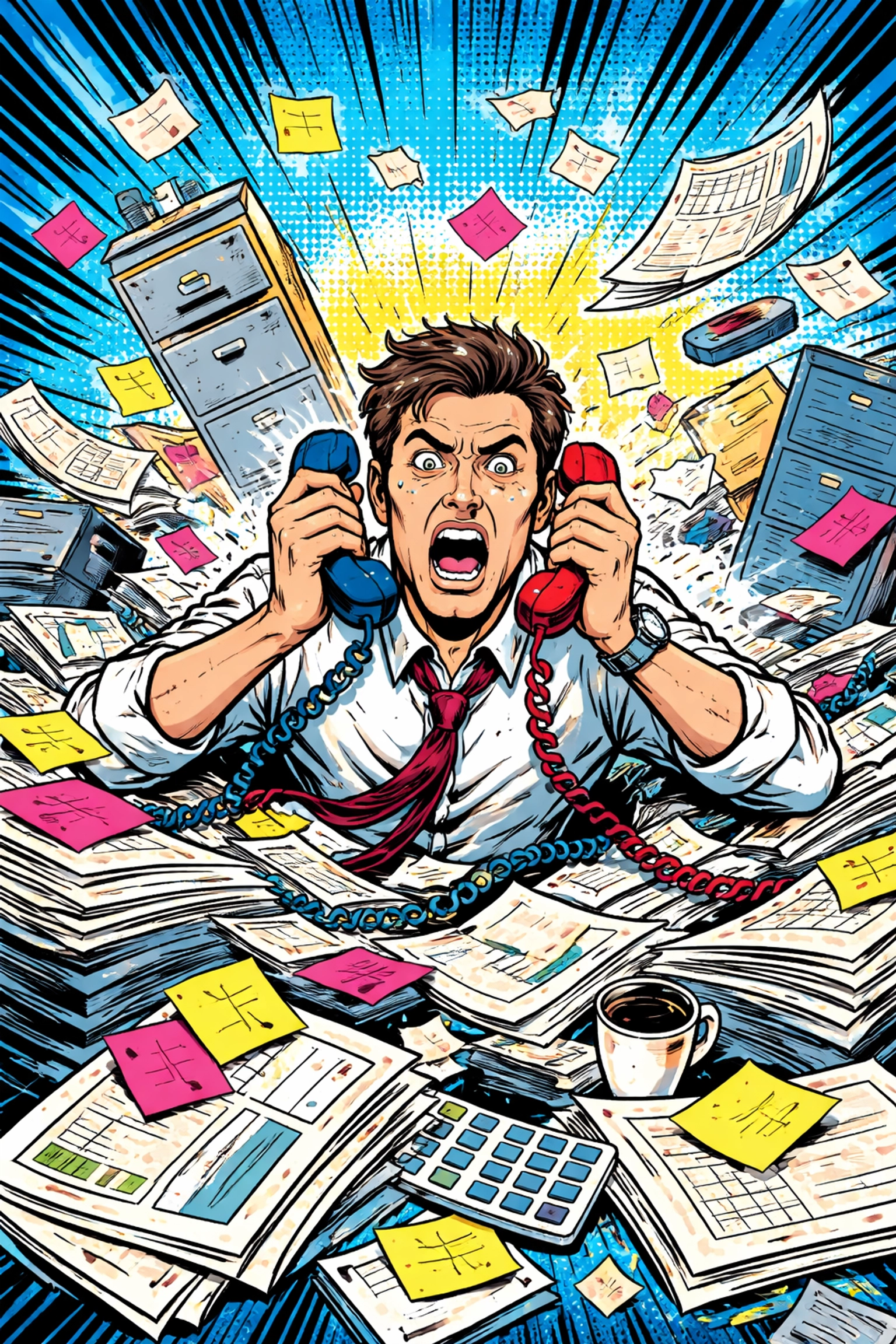 Frustrated sales professional surrounded by paperwork and chaos, highlighting inefficiencies of manual sales processes