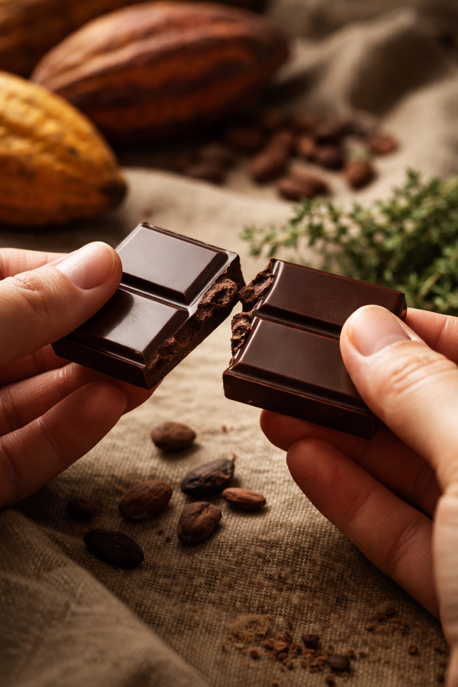 Close-up of hands holding a glossy single-origin dark chocolate piece with cacao beans in the background, emphasizing transparency and clean-label ingredients in artisan chocolate.