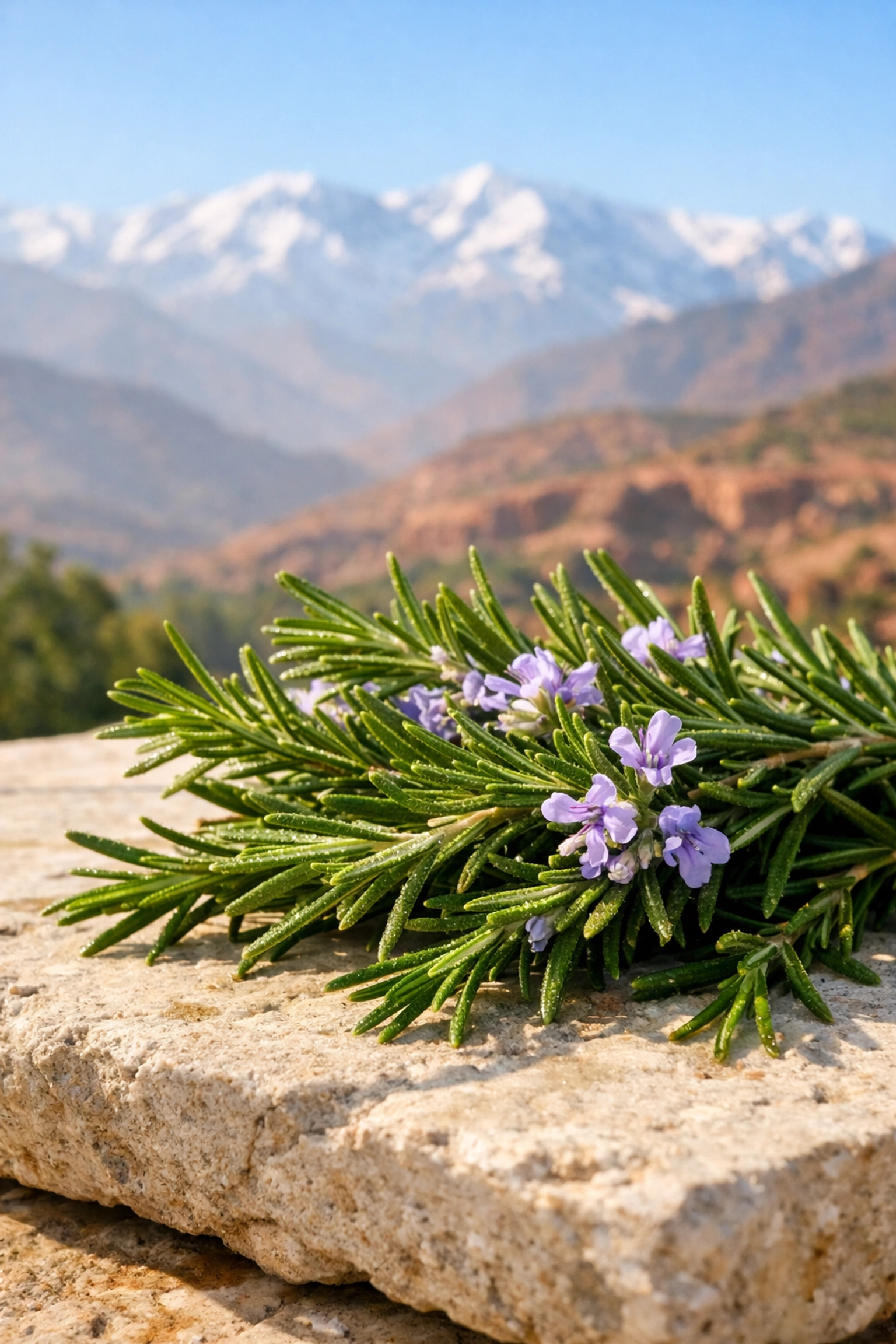 Fresh Moroccan Azeer (rosemary) sprigs from the Atlas Mountains.