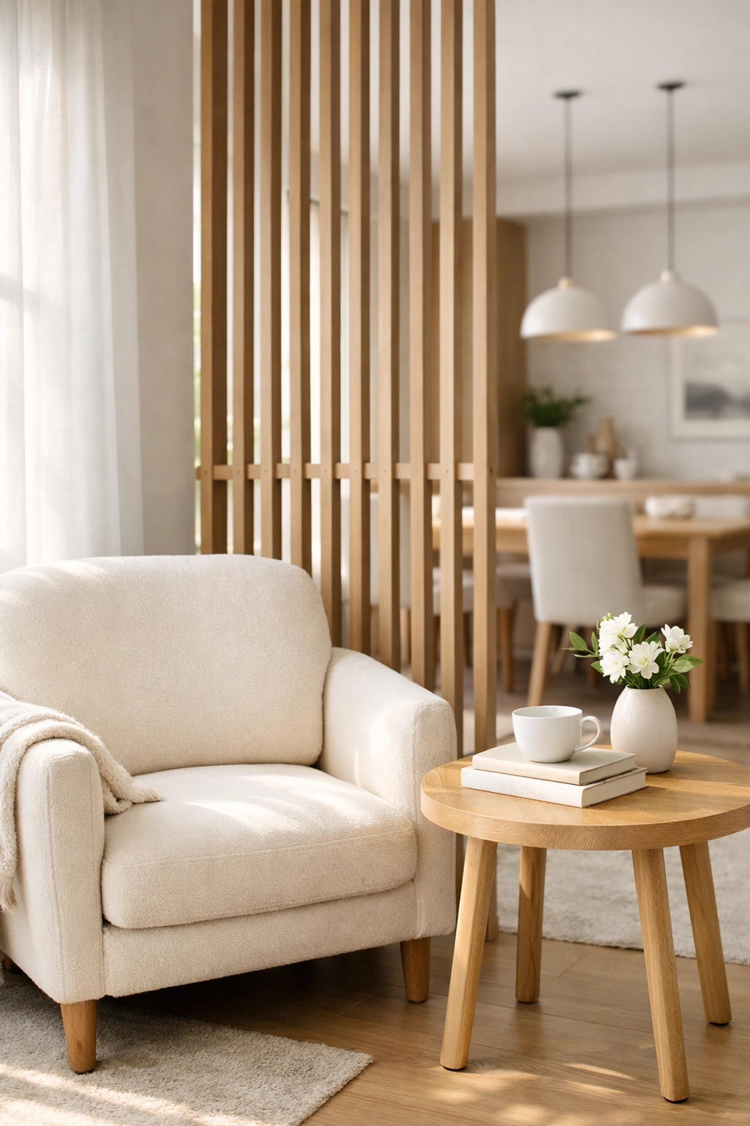 Modern home remodeling Orlando showing a functional floor plan with a cozy reading nook and wooden partitions.